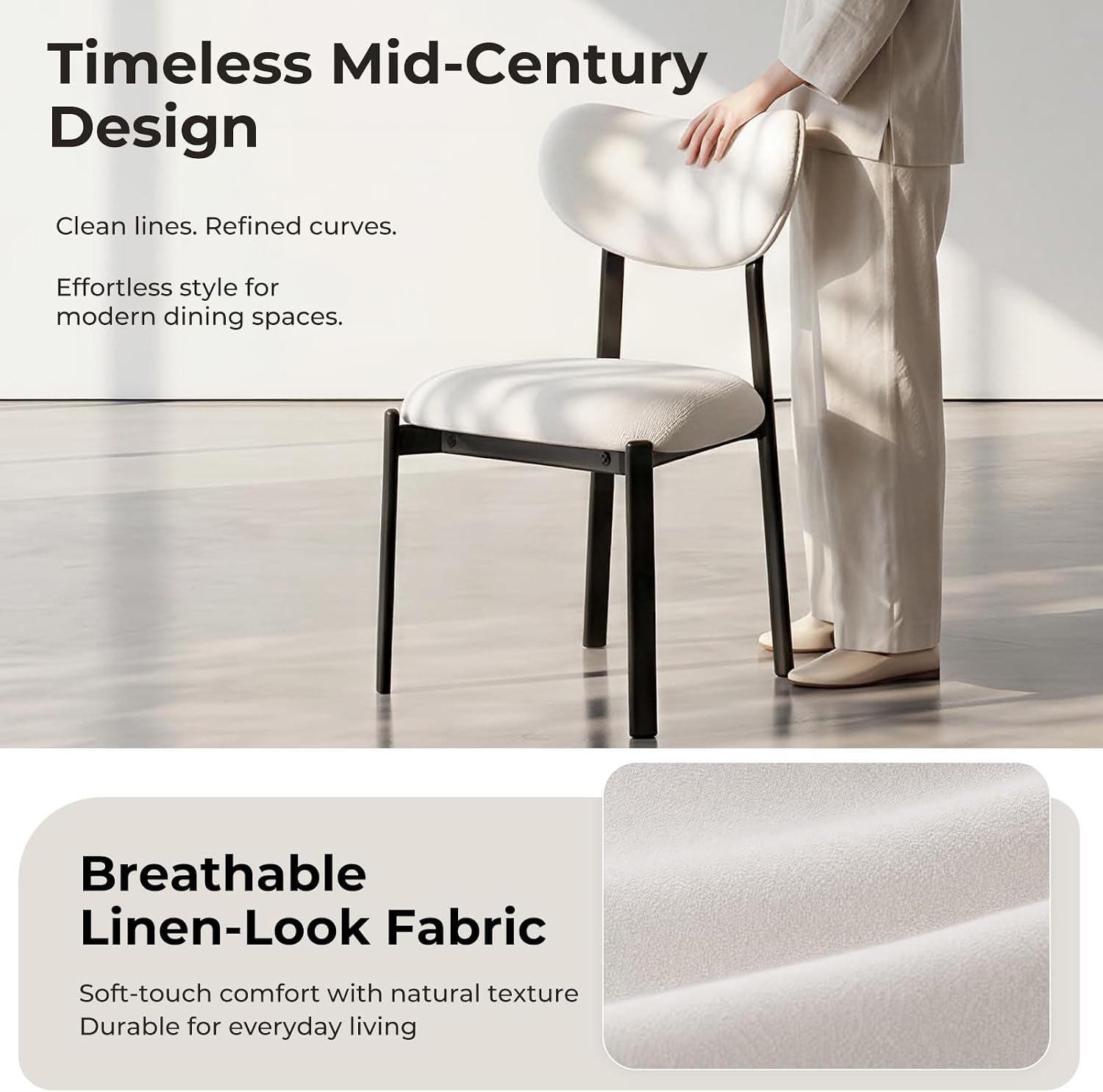 Dining Chairs, Modern Upholstered Fabric Kitchen Chairs | Textured Fabric, Curved Back, Upholstered Seat, Metal Frame, Dining Room, Kitchen, Breakfast Nook, Restaurant, White