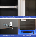 Hlivelood 2 Door Armoire Wardrobe Closet Cabinet with Mirror, Drawers and LED Lights, Multi-Tier Shelves, Hanging Rod & 2 Louver Doors, Large Capacity Storage Wardrobe Armoire for Bedroom, Black