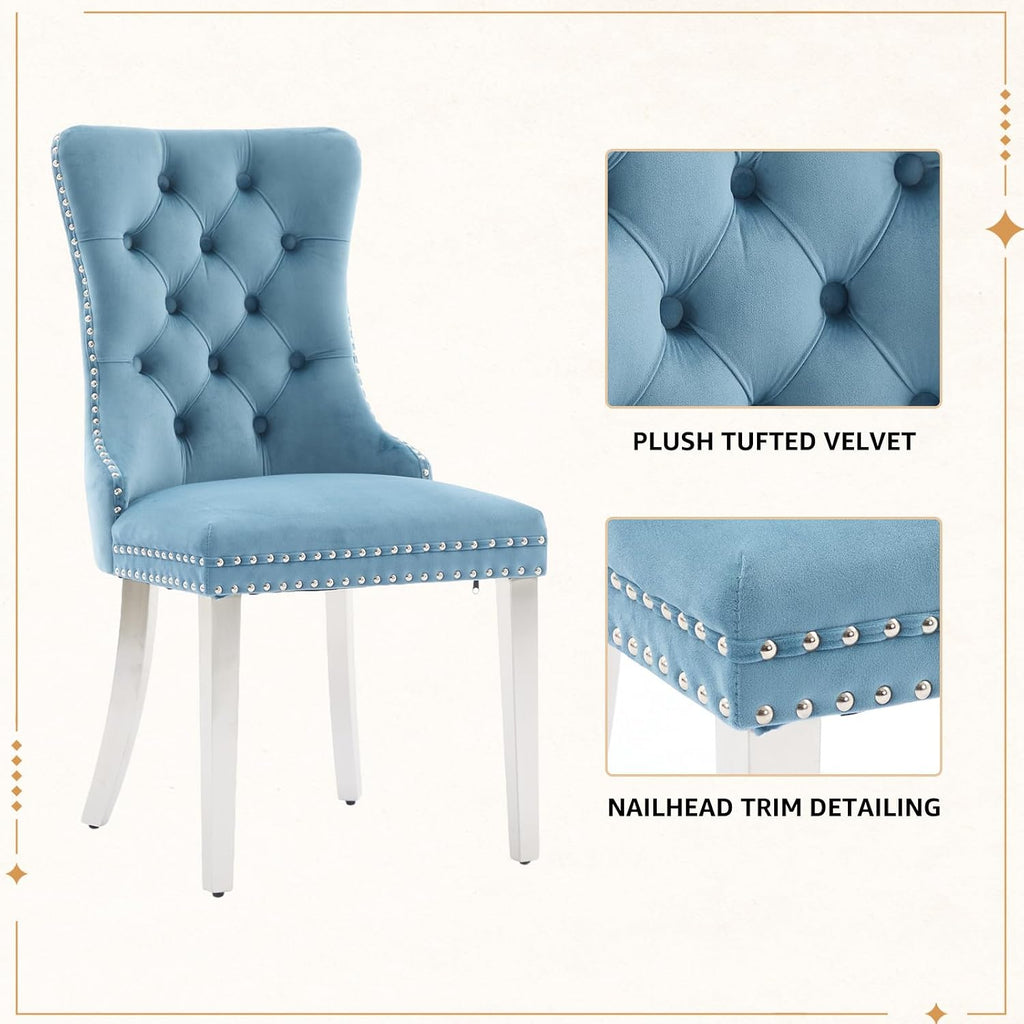 Velvet Dining Chairs Set of 4, Tufted Upholstered High Wingback Chairs with Nailhead Trim & Pull Ring, Silver Stainless Steel Legs for Dining Room, Sillas de Comedor, Light Blue