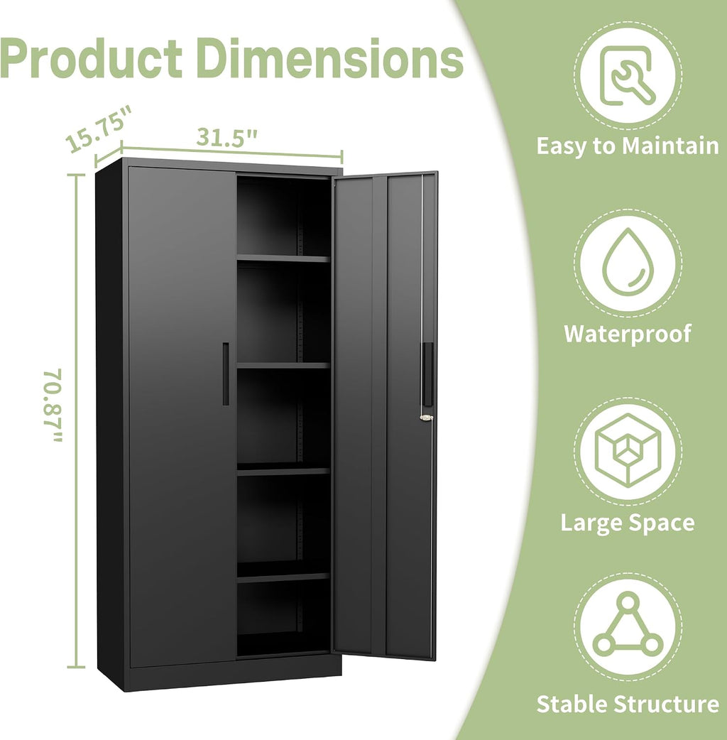 Metal Storage Cabinet, 71" H Garage Storage Cabinet with Doors and Adjustable Shelves, Heavy Duty Locking Tool Cabinet Utility Cabinets for Home Office, Garage, Warehouse, School (Black)