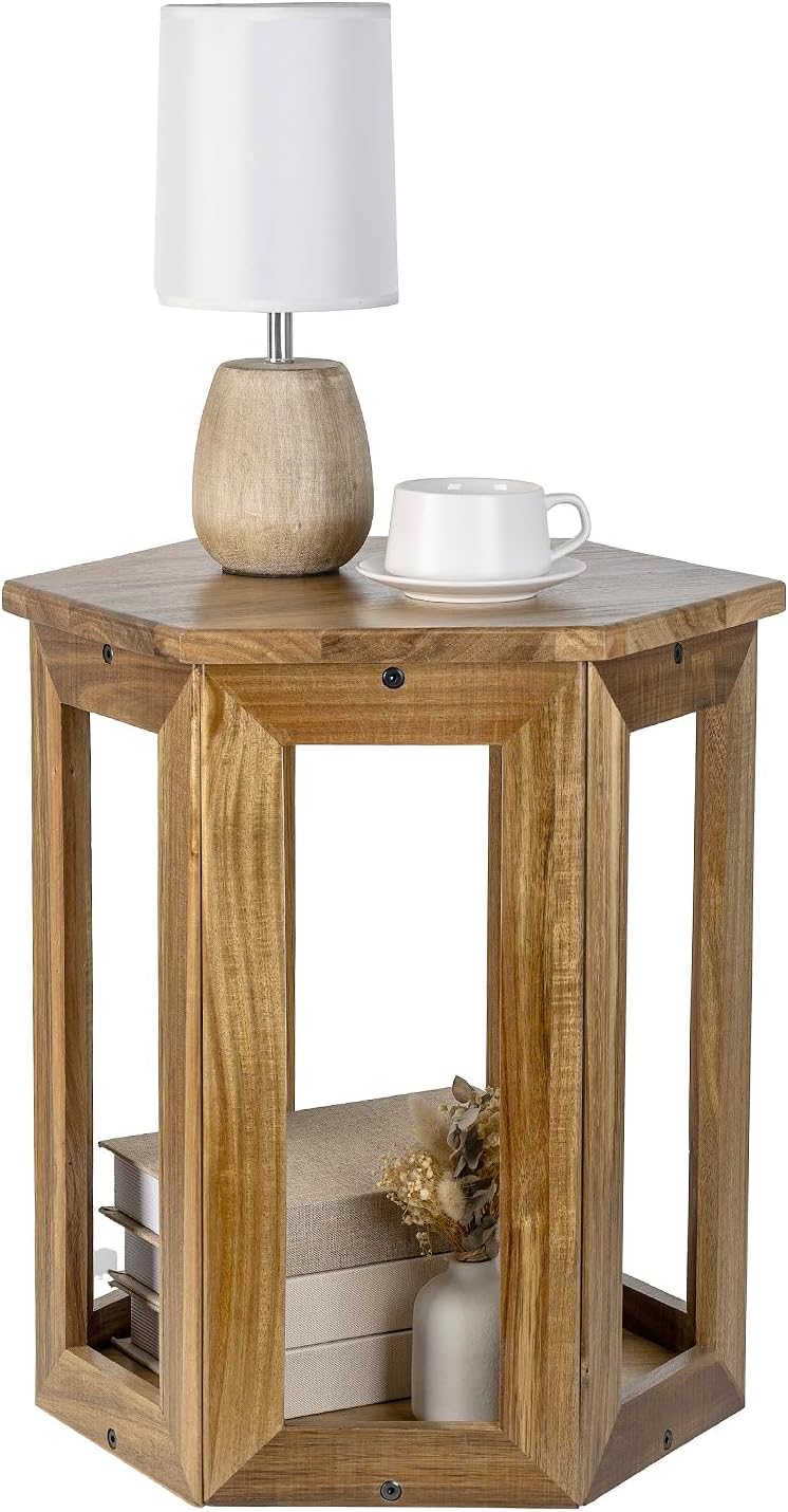 MyGift Hexagon Acacia Wood End Table with Shelf – 20-Inch Tall Small Side Table for Living Room or Bedroom