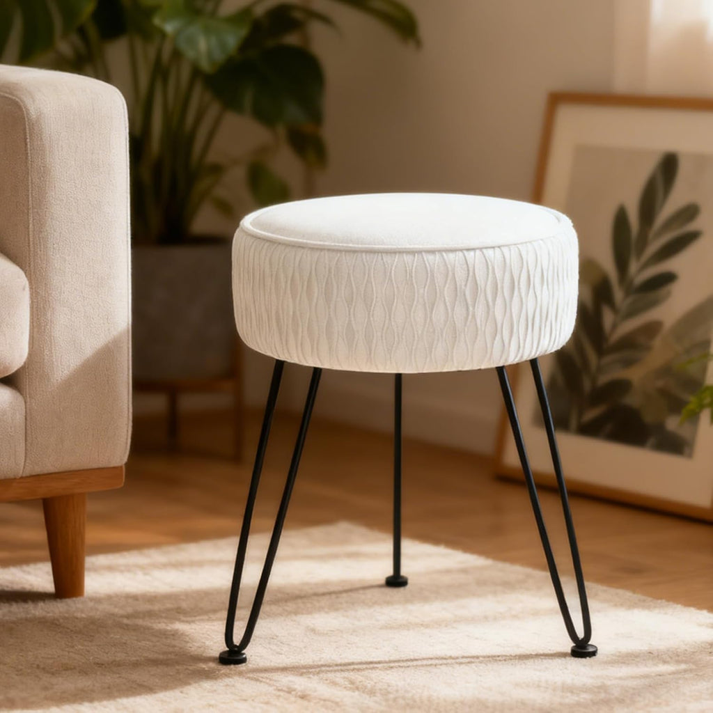 Velvet Vanity Stool Footrests, Round Ottoman Vanity Chairs with Anti-Slip Feet, Dressing Table Seat Foot Stool with Black Legs, Furry Padded Seat Side Table for Makeup Bedroom, White