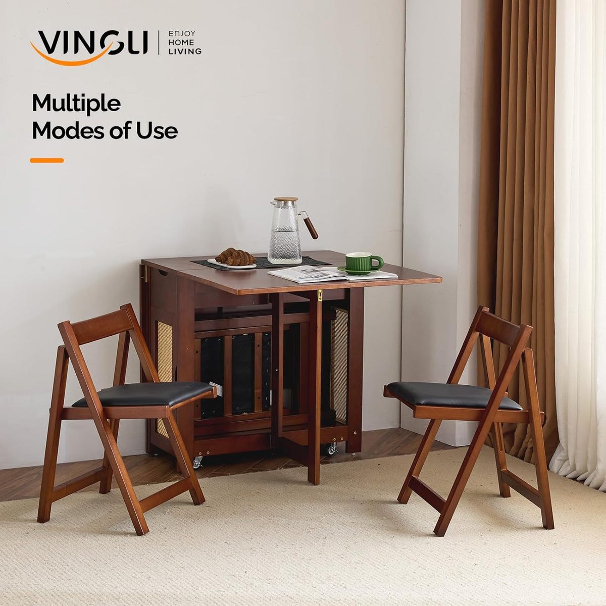 VINGLI 5-Piece Folding Dining Table Set, Extendable Drop Leaf Solid Wood Table with 4 Chairs, Drawers & Wheels, Space-Saving Design for Kitchen, Walnut