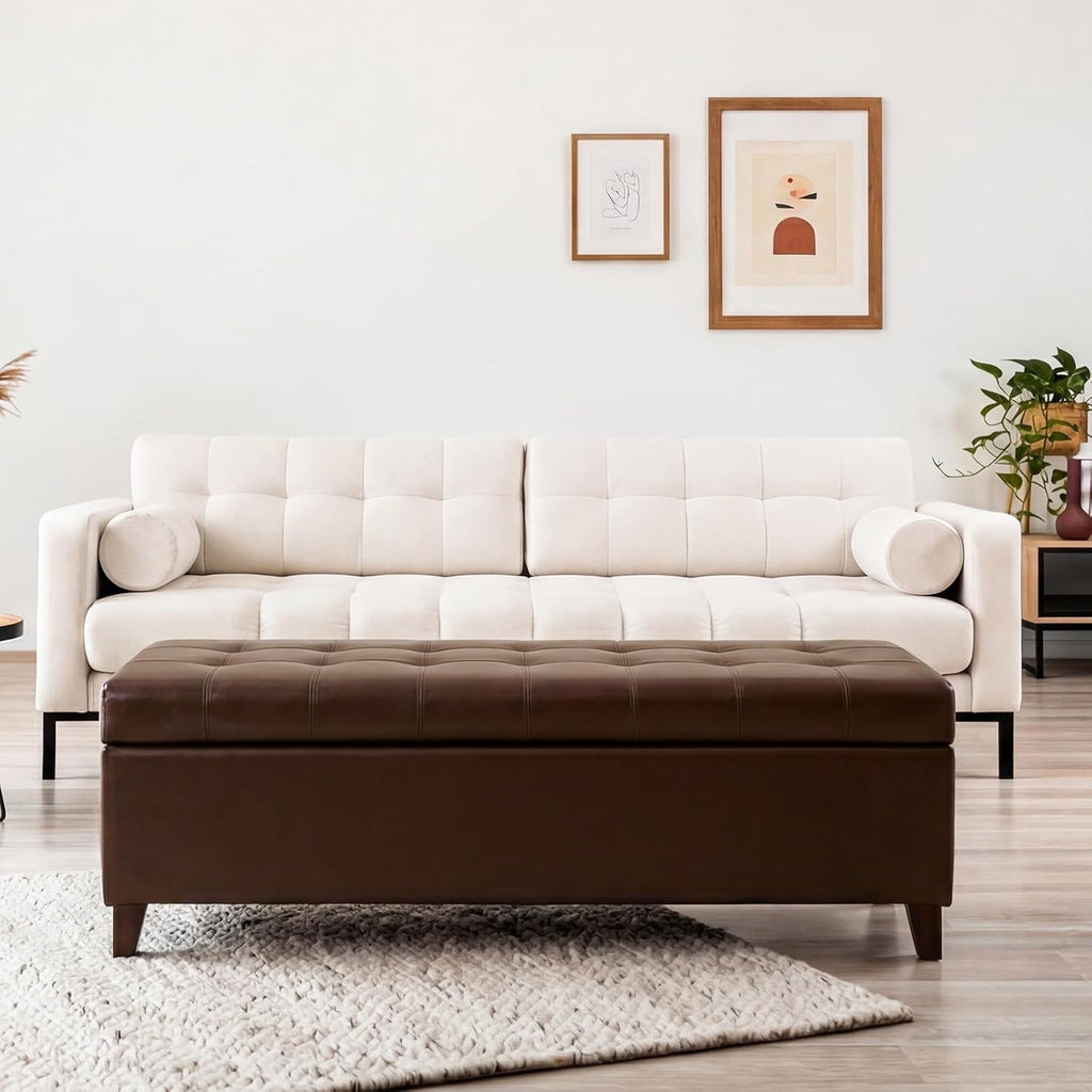 Joveco 51 Inch Storage Bench,Leather Tufted Storage Ottoman with Legs | Safety Hinges,Wooden Legs,Upholstered,End of Bed,Bedroom,Living Room,Entryway,330LBS,Brown