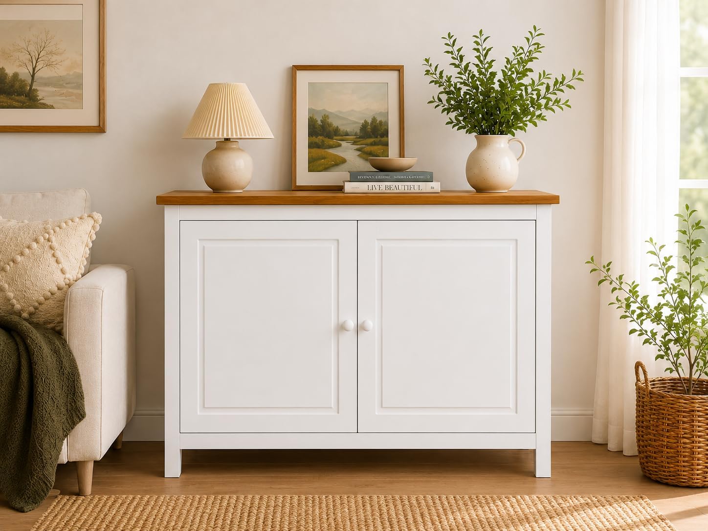 From the Tree Furniture 44" Wide White & Pine Top Solid Pine Shaker Sideboard Buffet Cabinet — 2 Doors Adjustable Shelf — No Drawer · Anti-Tip Included — Two-Tone Farmhouse Finish