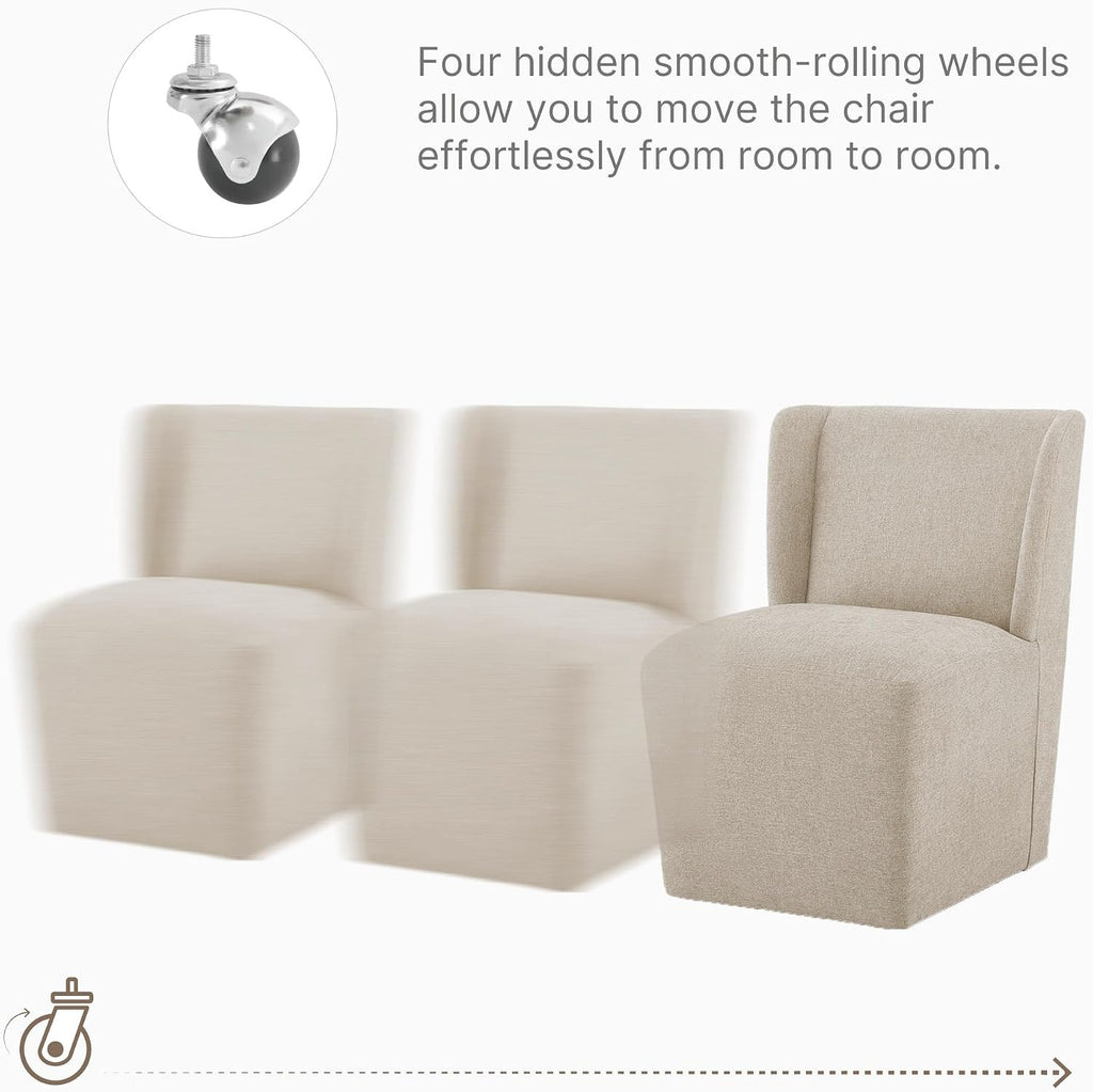 KISLOT Upholstered Dining Chairs Set of 4 with Casters, Sand | Wingback Modern Dining Room Chairs with Rollers, Armless Side Chair with Easy-clean Linen Look Fabric for Kitchen Dining Room