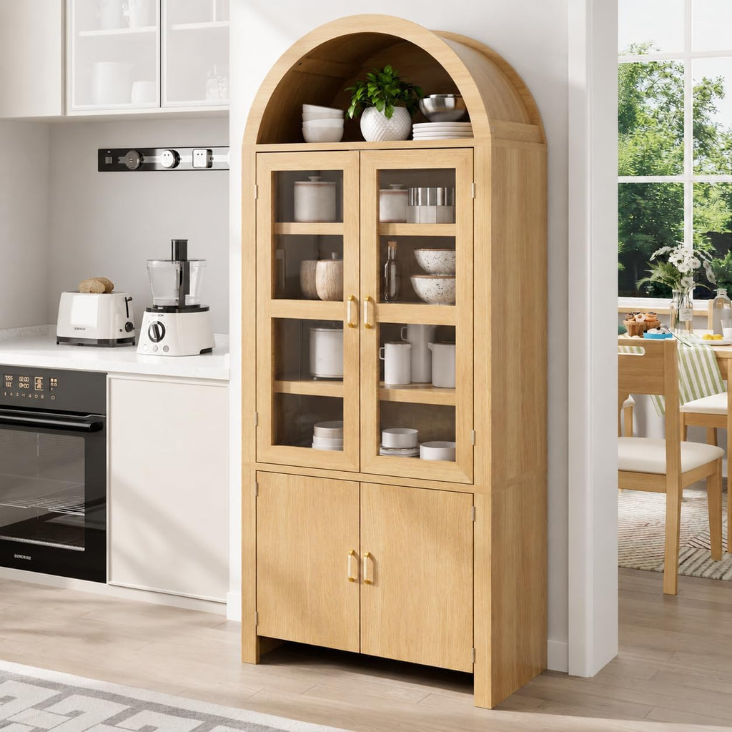 71" Tall Arched Kitchen Pantry Cabinet, Modern Farmhouse Wood Kitchens Storage Cabinets, Cupboard for Dining Room, Kitchen, Bathroom, Natural