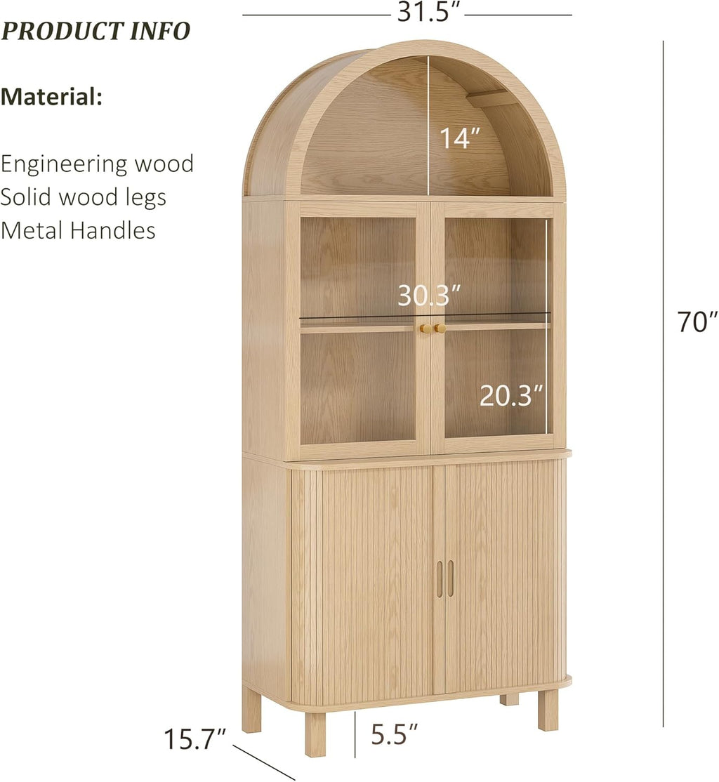 69" Tall Kitchen Pantry Storage Cabinet with Sliding Door, Modern Curved Edge Pantry Storage Cabinet with Glass Door & Adjustable Shelves, Oak Cupboard for Kitchen, Dining Room, Living Room, Office