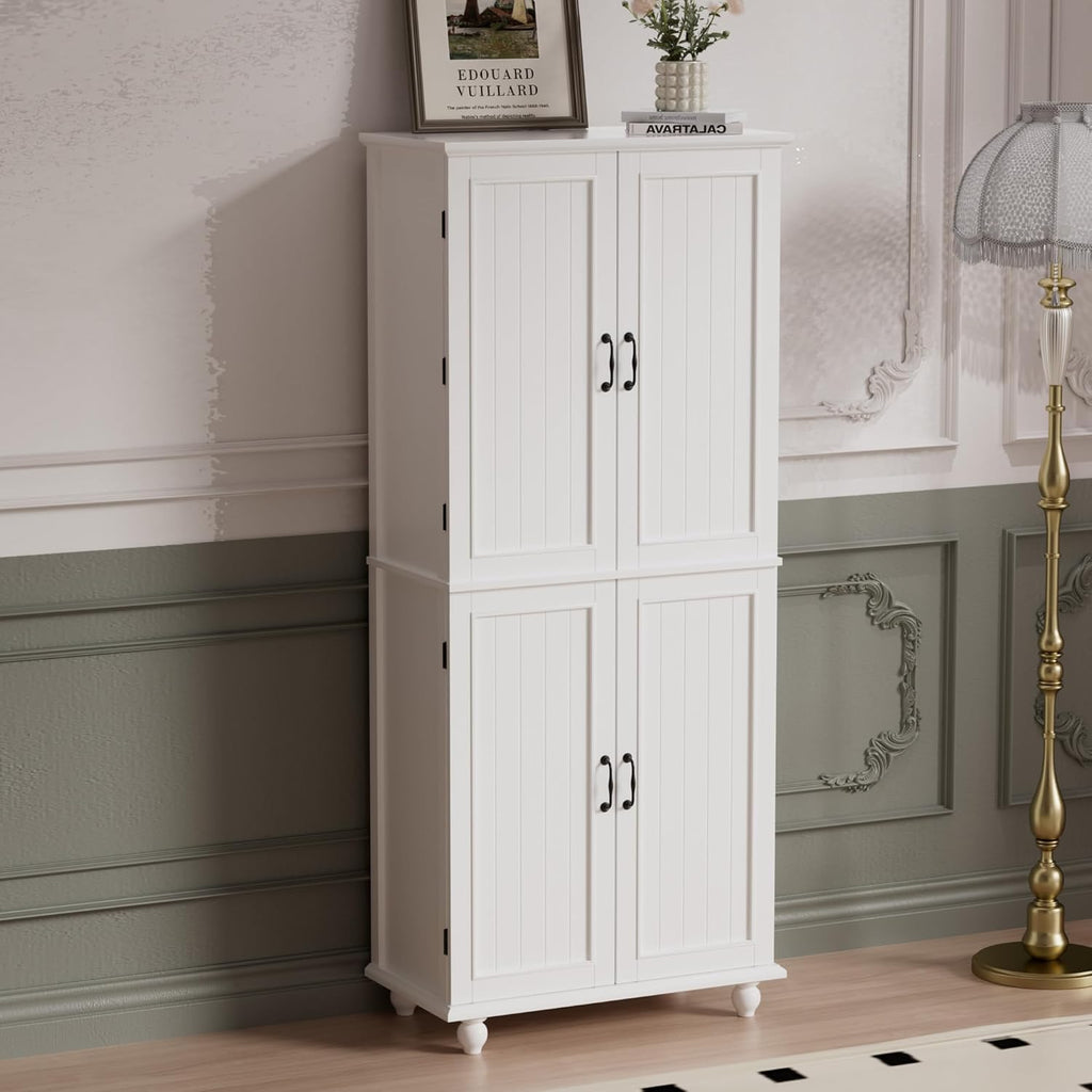 Scurrty Kitchen Pantry Cabinet, 69'' Pantry Storage Cabinet with 4 Doors and Shelves, Farmhouse Kitchen Cabinet with 3 Drawers, Freestanding Wooden Cupboard for Living Room and Dinning Room (White)