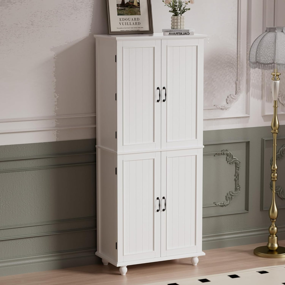 Scurrty Kitchen Pantry Cabinet, 69'' Pantry Storage Cabinet with 4 Doors and Shelves, Farmhouse Kitchen Cabinet with 3 Drawers, Freestanding Wooden Cupboard for Living Room and Dinning Room (White)
