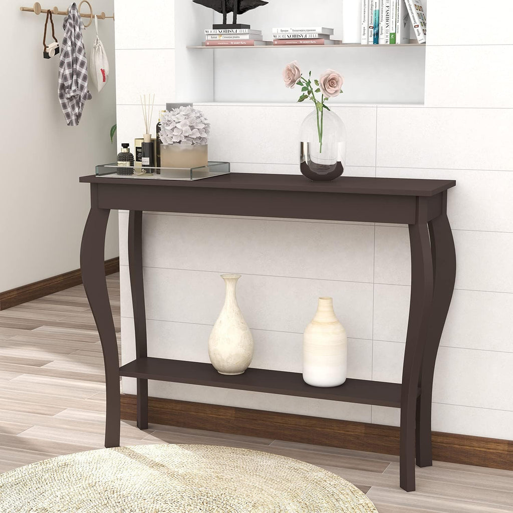 ChooChoo 39" Narrow Entryway Table with Storage Shelf, Espresso | Console Table with Curved Legs, Chic Accent Sofa Table with Shelves for Entryway, Living Room, Hallway