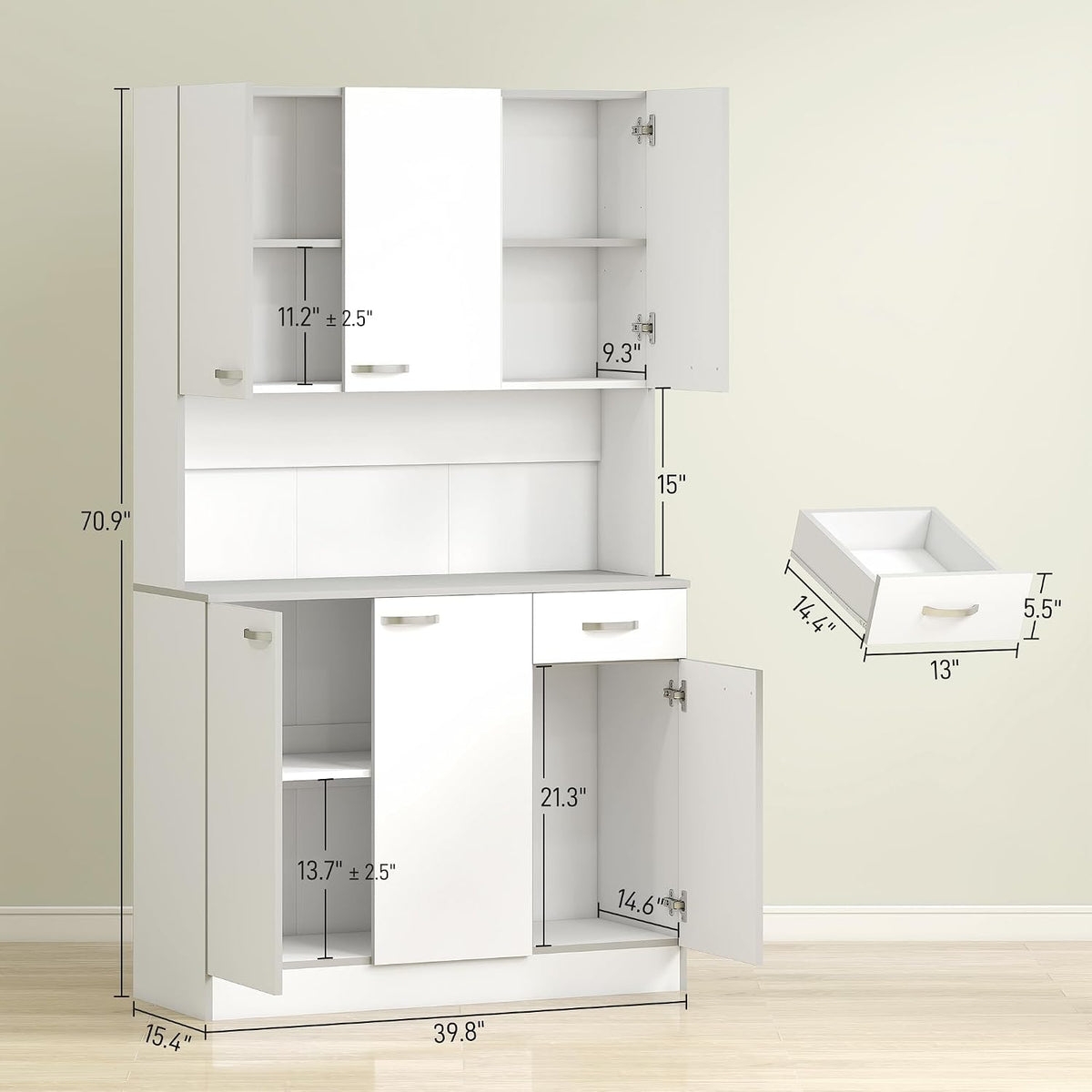 HOMCOM 71" Kitchen Pantry Cabinet, Tall Storage Cabinet with Microwave Stand, Buffet with Hutch, 6 Doors, Storage Drawer, 3 Adjustable Shelves for Living Room, Dining Room, White