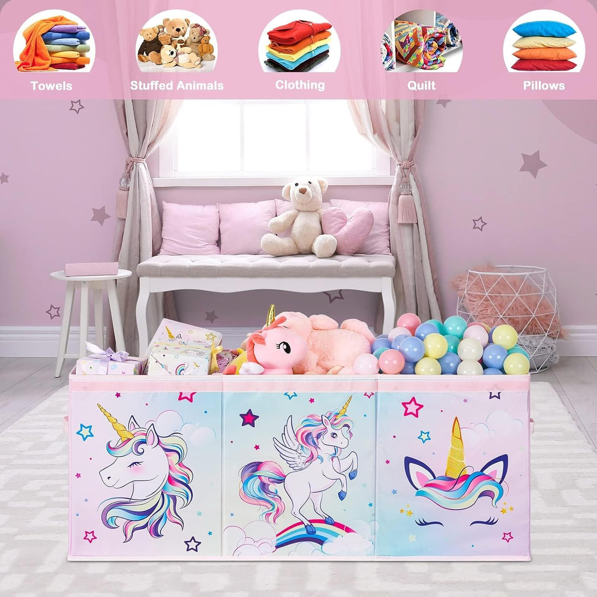 WERNNSAI Extra Large Toy Chest,Unicorn Toy Box Chest Organizer with Handles | Collapsible Sturdy Storage Bin with Flip-Top Lid, 38 x 13 x 16 Inch for Kids Girls Pink Closet Nursery Living Room Bedroom