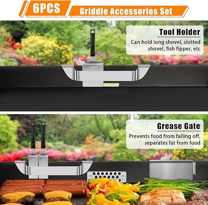 6pcs Magnetic Grease Gate Set, Griddle Spatula Holder and Magnetic Hooks Combo, Stainless Steel Flat Top Griddle Accessories Kit, Grill Tool Holder