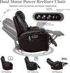 AHMED Dual Motor Power Swivel Rocker Recliner Chair, Faux Leather, Brown | Electric Glider Rocking Chair, Massage & Heat, Cup Holders, LED Lights, USB A/USB C Ports