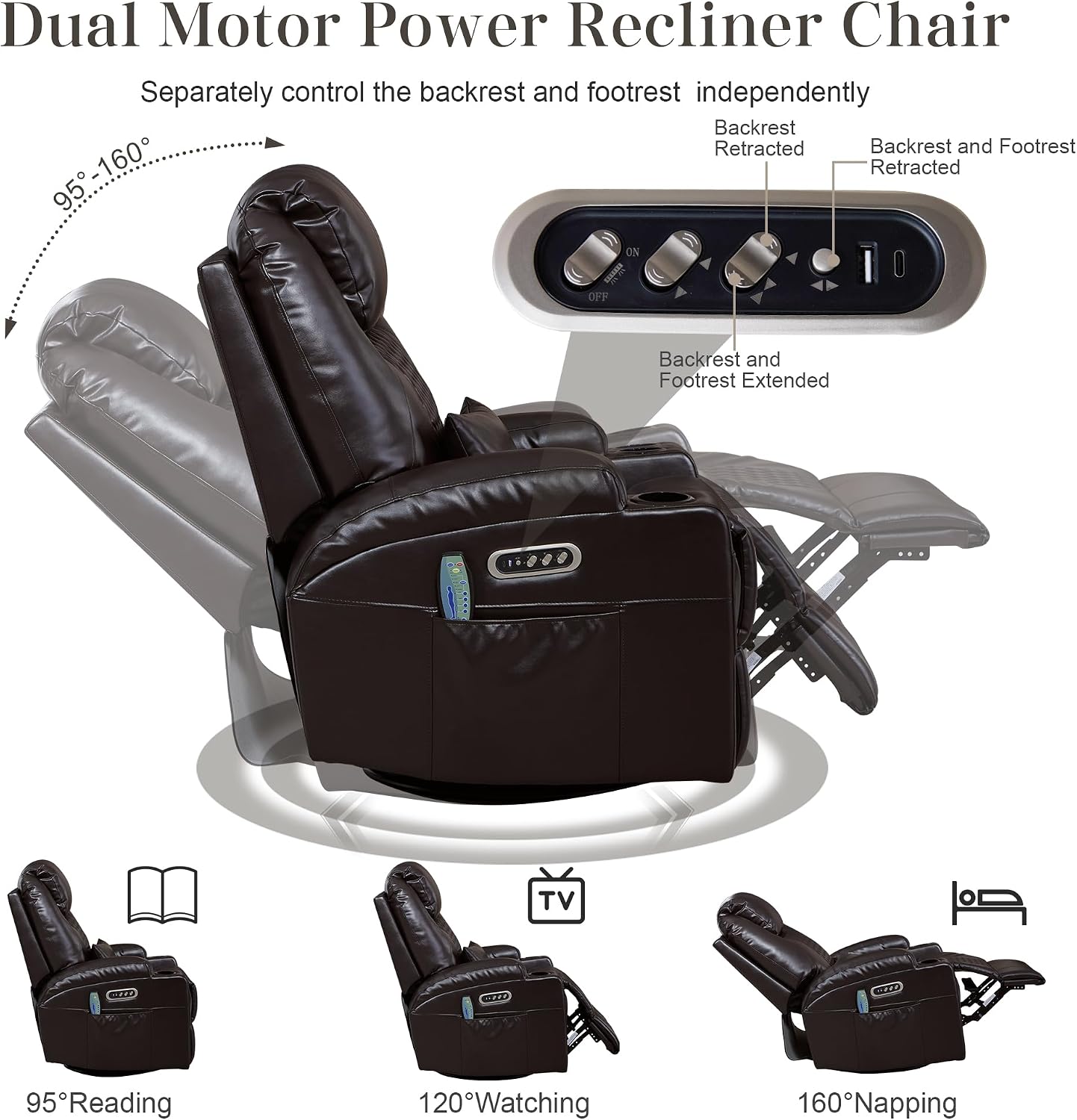 AHMED Dual Motor Power Swivel Rocker Recliner Chair, Faux Leather, Brown | Electric Glider Rocking Chair, Massage & Heat, Cup Holders, LED Lights, USB A/USB C Ports