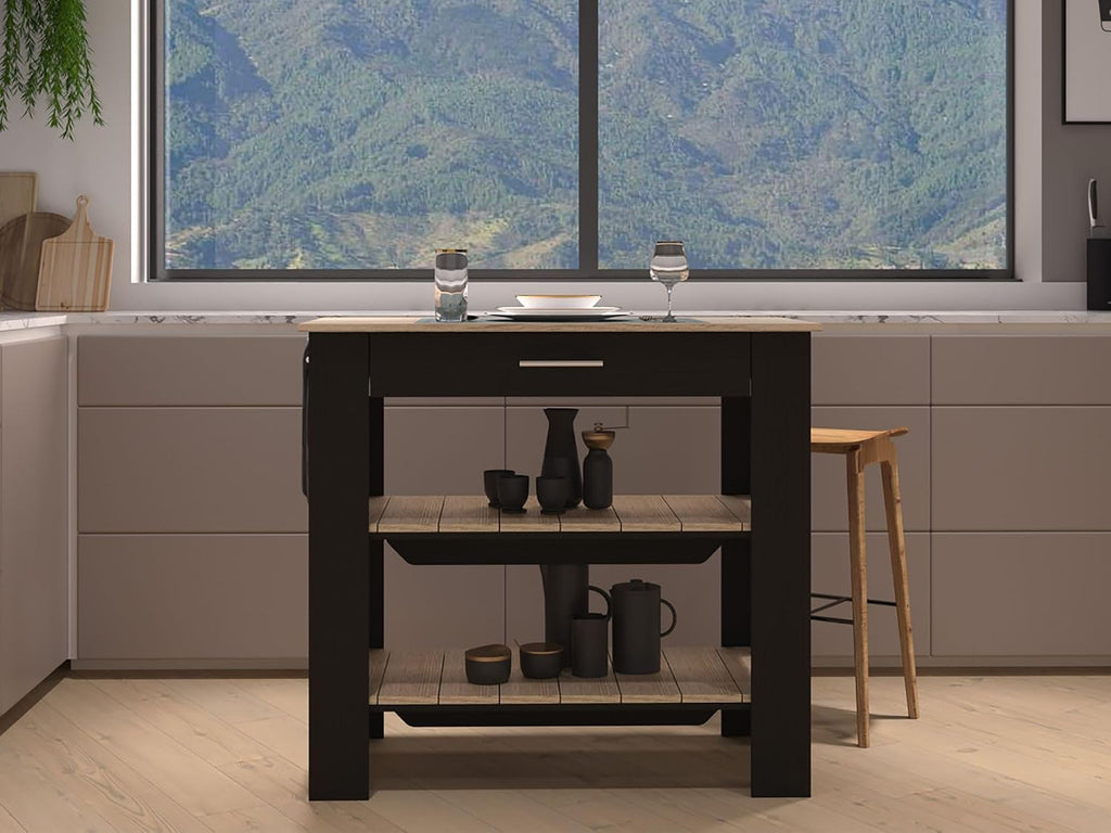 Kitchen Island with Two Shelves, One Drawer, Four Legs, Towel Hanger, Black | Combines two open shelves, one drawer, and towel hanger for storage