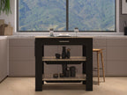 Kitchen Island with Two Shelves, One Drawer, Four Legs, Towel Hanger, Black | Combines two open shelves, one drawer, and towel hanger for storage