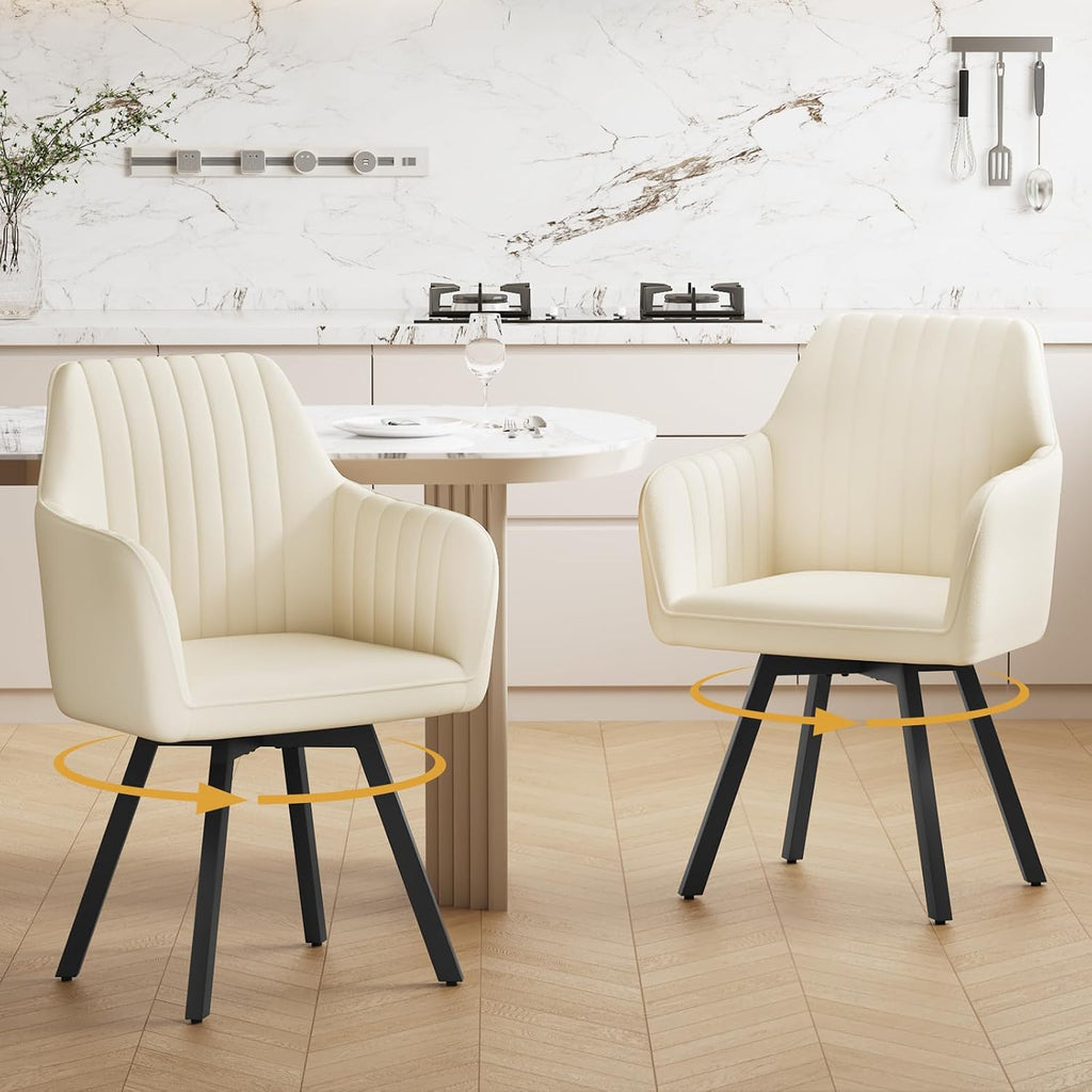 Furniliving Swivel Dining Chairs Set of 2, 360° Swivel Dining Room Chairs with Mental Legs, Mid Century Modern Kitchen Dining Room Chairs with Arms & Thickened Cushions for Kitchen, Velvet, Beige
