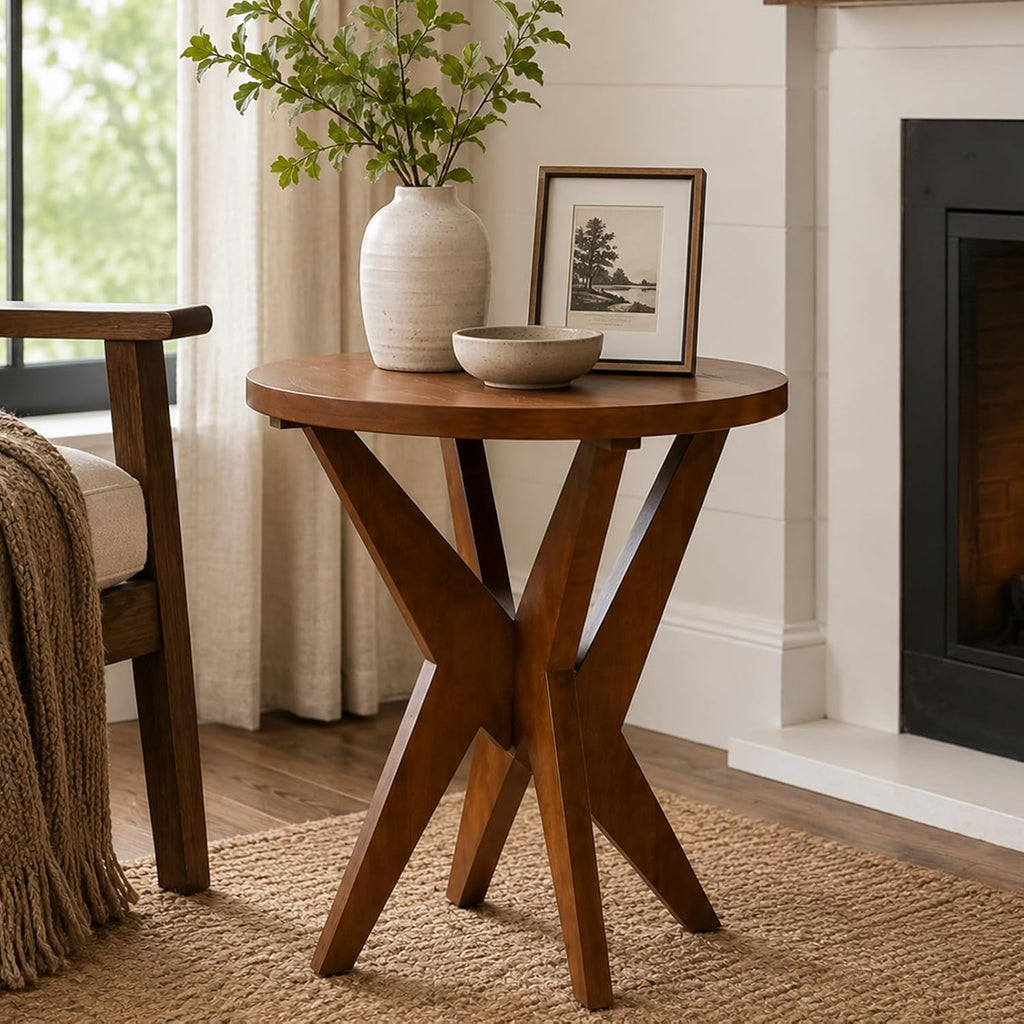 Ahokua Mid-Century Modern Round End Table, Walnut Brown Farmhouse Side Table with MDF Top and Crossed Legs for Living Room Bedroom, or Small Spaces