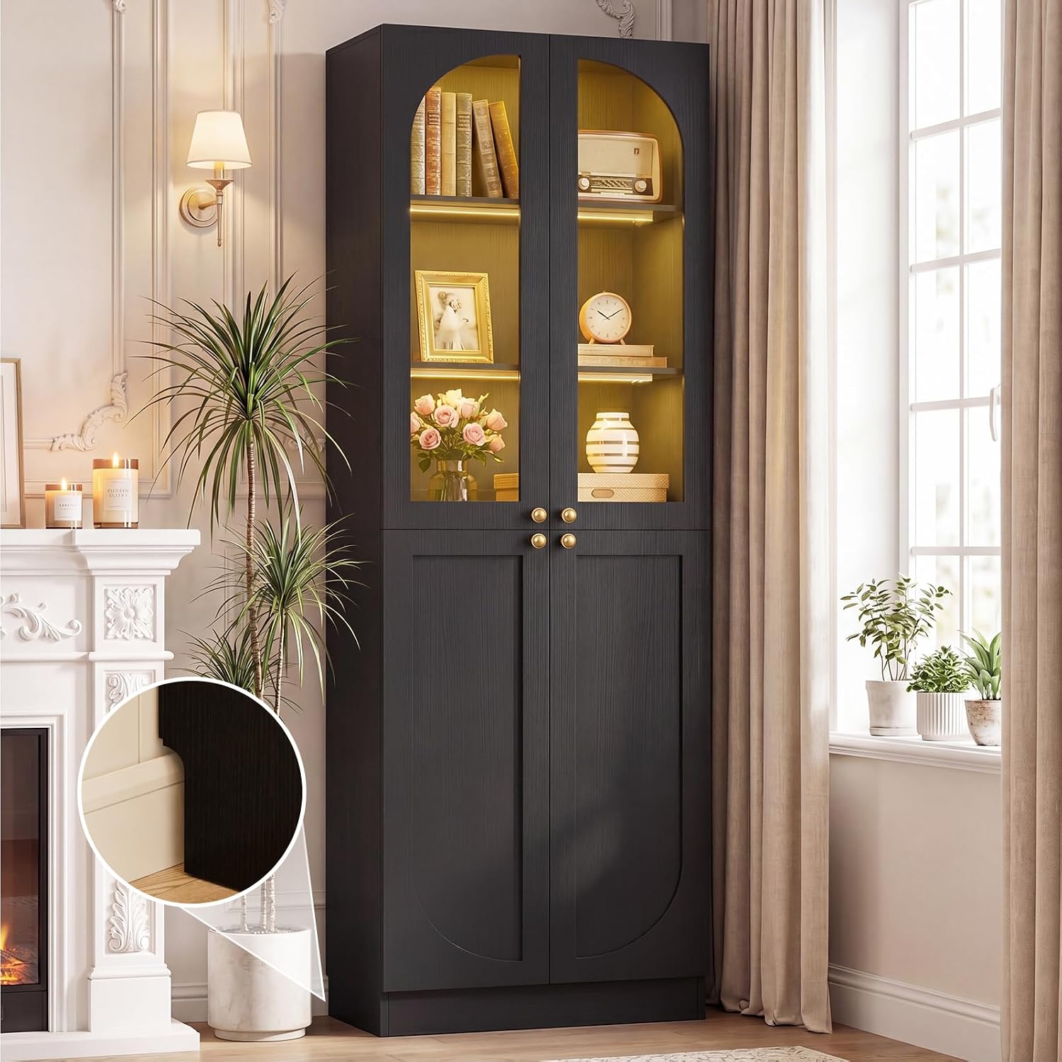 Cyclysio 80" Kitchen Pantry with 3 Motion Sensor Lights, Tall Arch Storage Cabinet with Tempered Glass Doors, Wood Floor Cupboard with Baseboard Cutout for Dining Room, Living Room, Bathroom