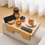 GEHE Real Bamboo Couch Armrest Table, 15.4"x9.8" Couch Arm Tray Table, 3 in 1 Removable Sofa Cup Holder wtih 360° Rotated Phone Holder, Clip on Armrest Tray for Drinks, Snacks, Phone, Control