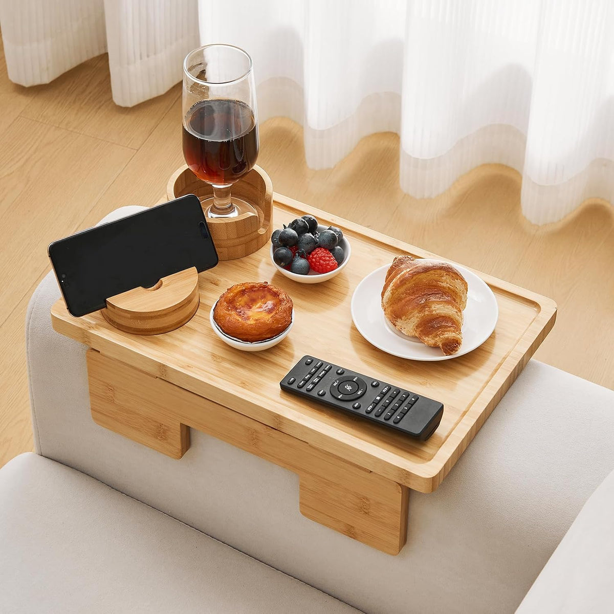 GEHE Real Bamboo Couch Armrest Table, 15.4"x9.8" Couch Arm Tray Table, 3 in 1 Removable Sofa Cup Holder wtih 360° Rotated Phone Holder, Clip on Armrest Tray for Drinks, Snacks, Phone, Control