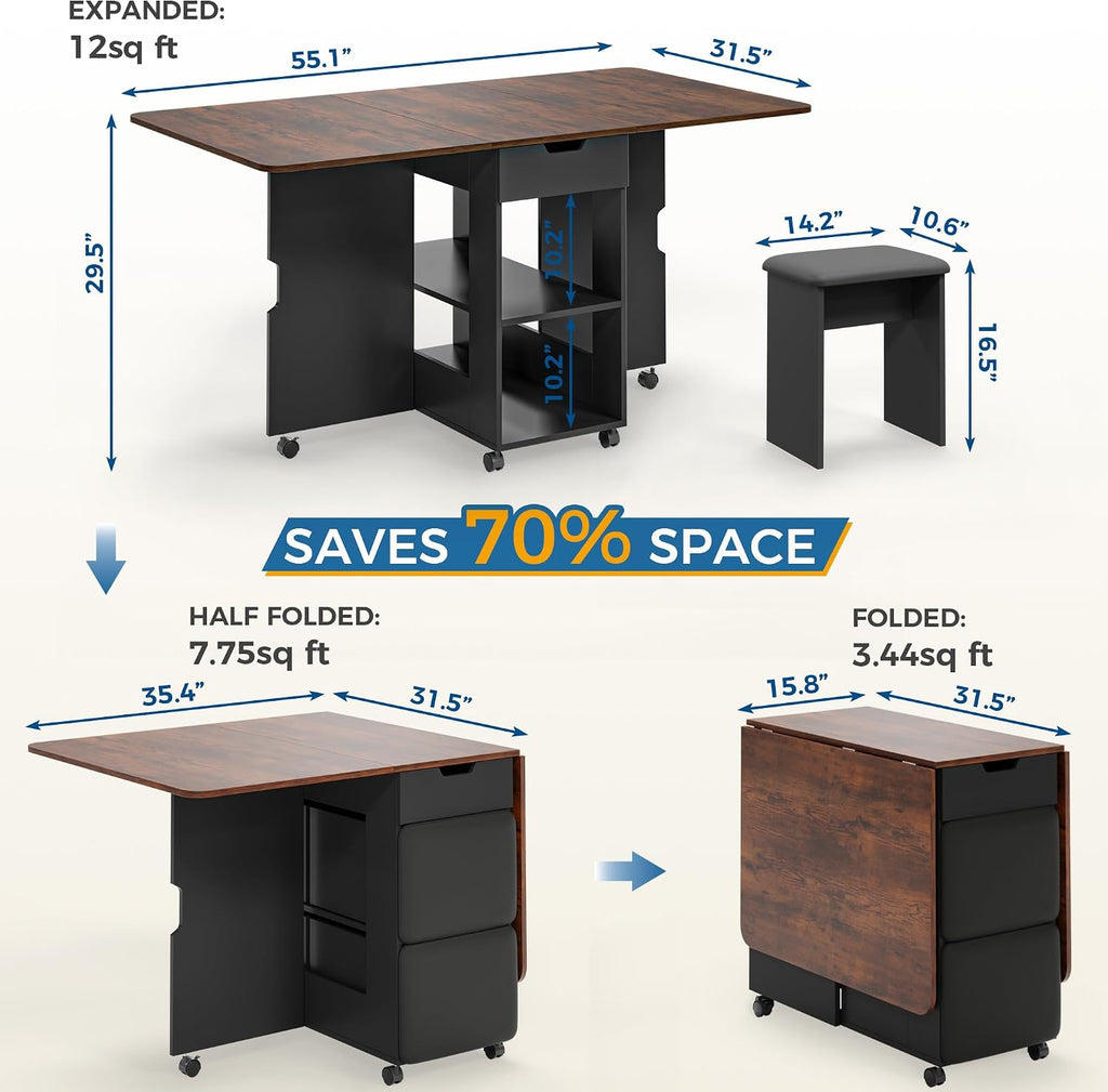 Mondeer 55" Folding Dining Table and Chairs Set 4, Cushioned Stools | 2 Drawers, Storage Shelves, Space Saving Table and Chairs for Kitchen Dining Room Small Spaces, Rustic Brown and Black
