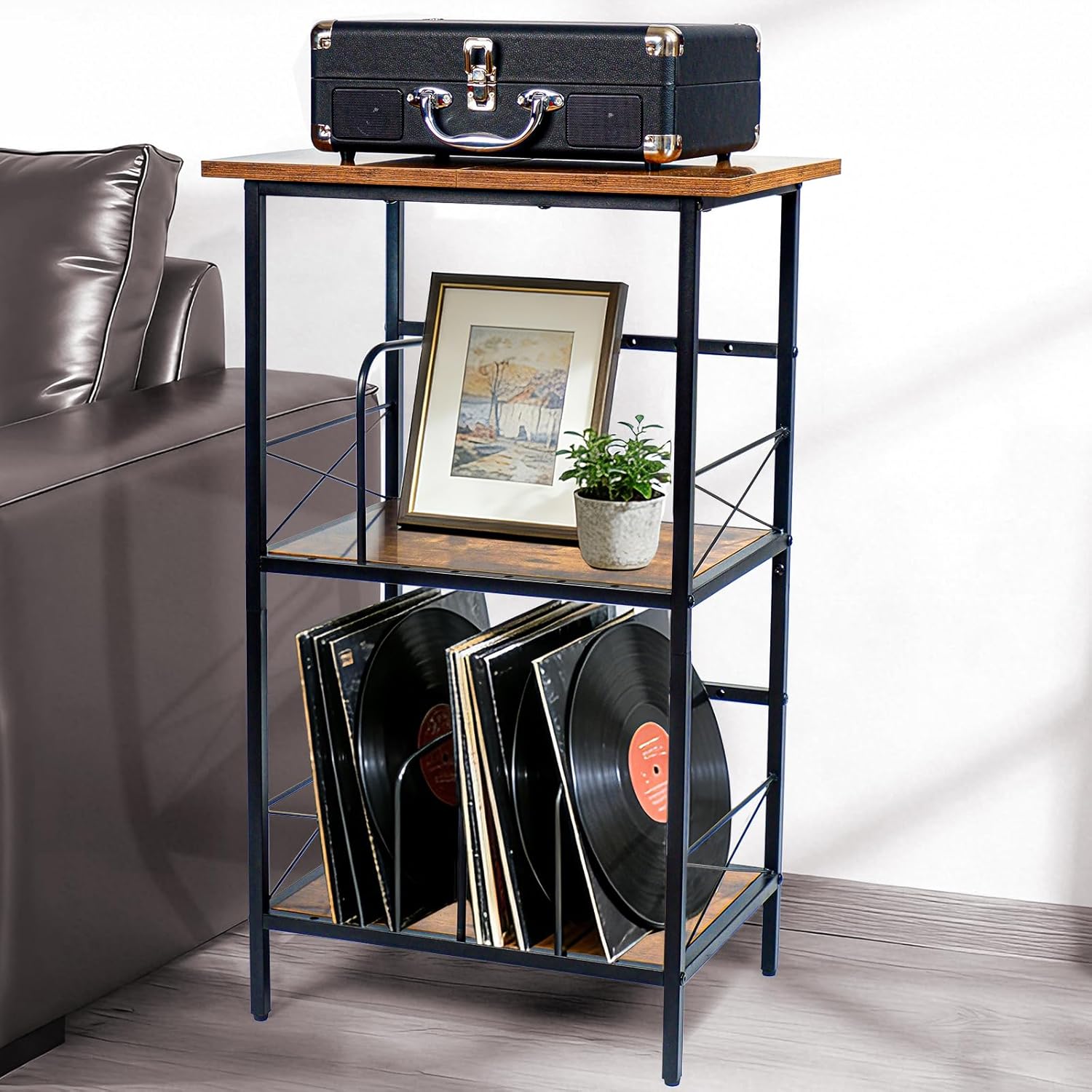 Record Player Stand with 4 Adjustable Dividers, Vinyl Record Storage Holds 200 LPs, 3 Layer End Table, Multi-Functional Record Player Table for Home, Rustic Brown