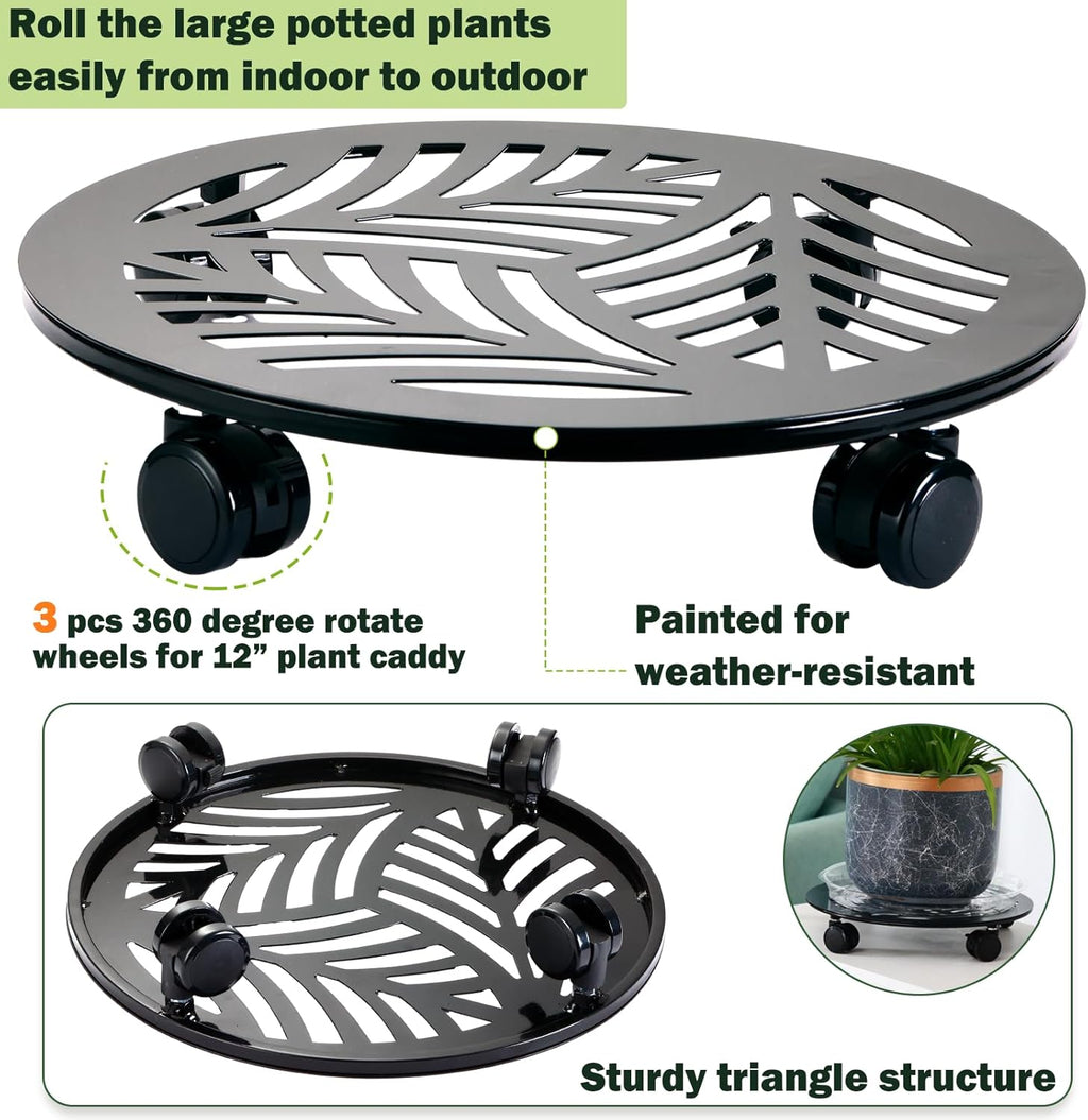 3 Packs Large Metal Plant Caddy with PU Wheels 13.6" Heavy-duty Wrought Iron Rolling Plant Stands Indoor Outdoor Wheeled Plant Dolly Planter Mover Rollers Plant, Leaf Style