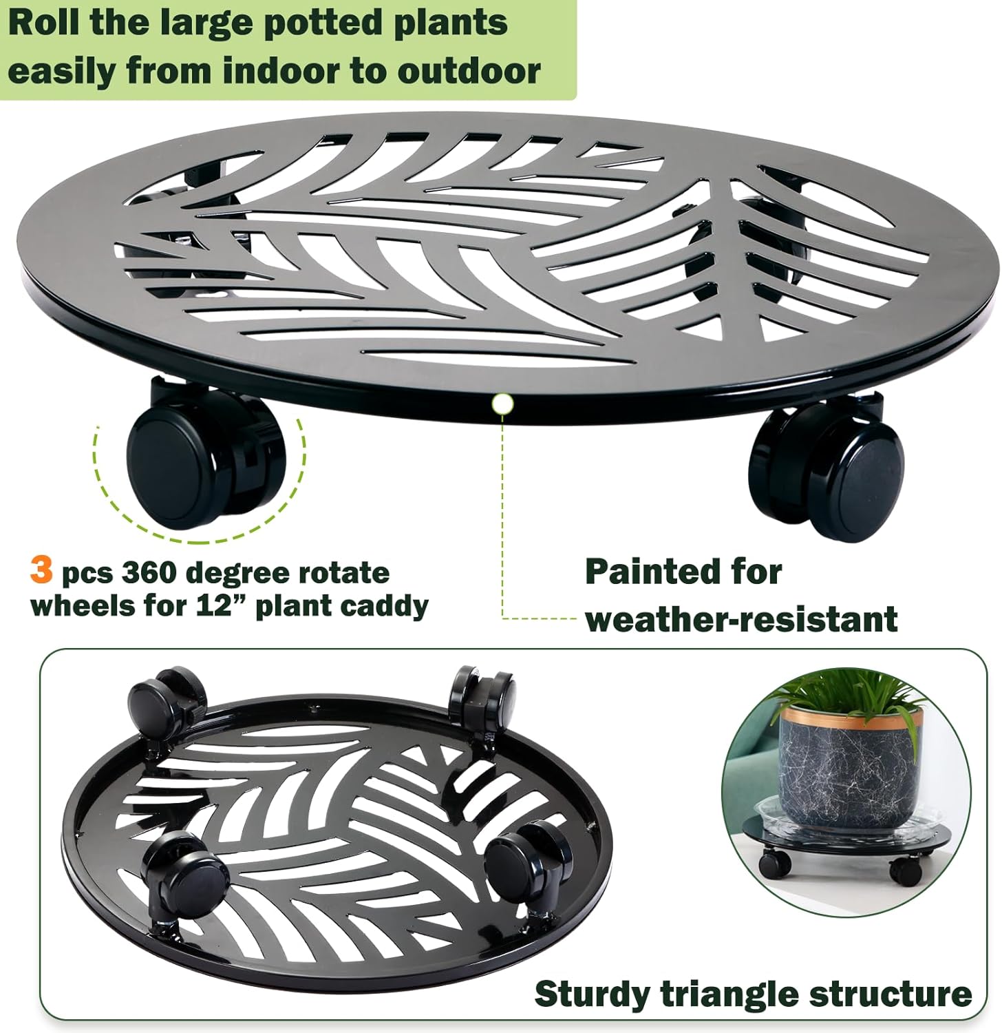 3 Packs Large Metal Plant Caddy with PU Wheels 13.6" Heavy-duty Wrought Iron Rolling Plant Stands Indoor Outdoor Wheeled Plant Dolly Planter Mover Rollers Plant, Leaf Style