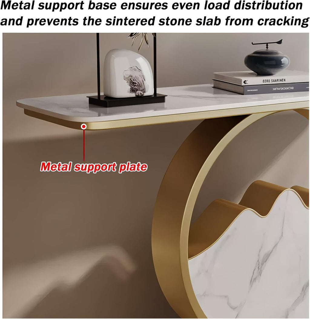 Contemporary Accent Table Modern Console Table | Marble-Like Tabletop and Circular Metal Base, Easy Assemble, for Hallway Foyer Entrance Entryway(Black-C,100x30x80cm)