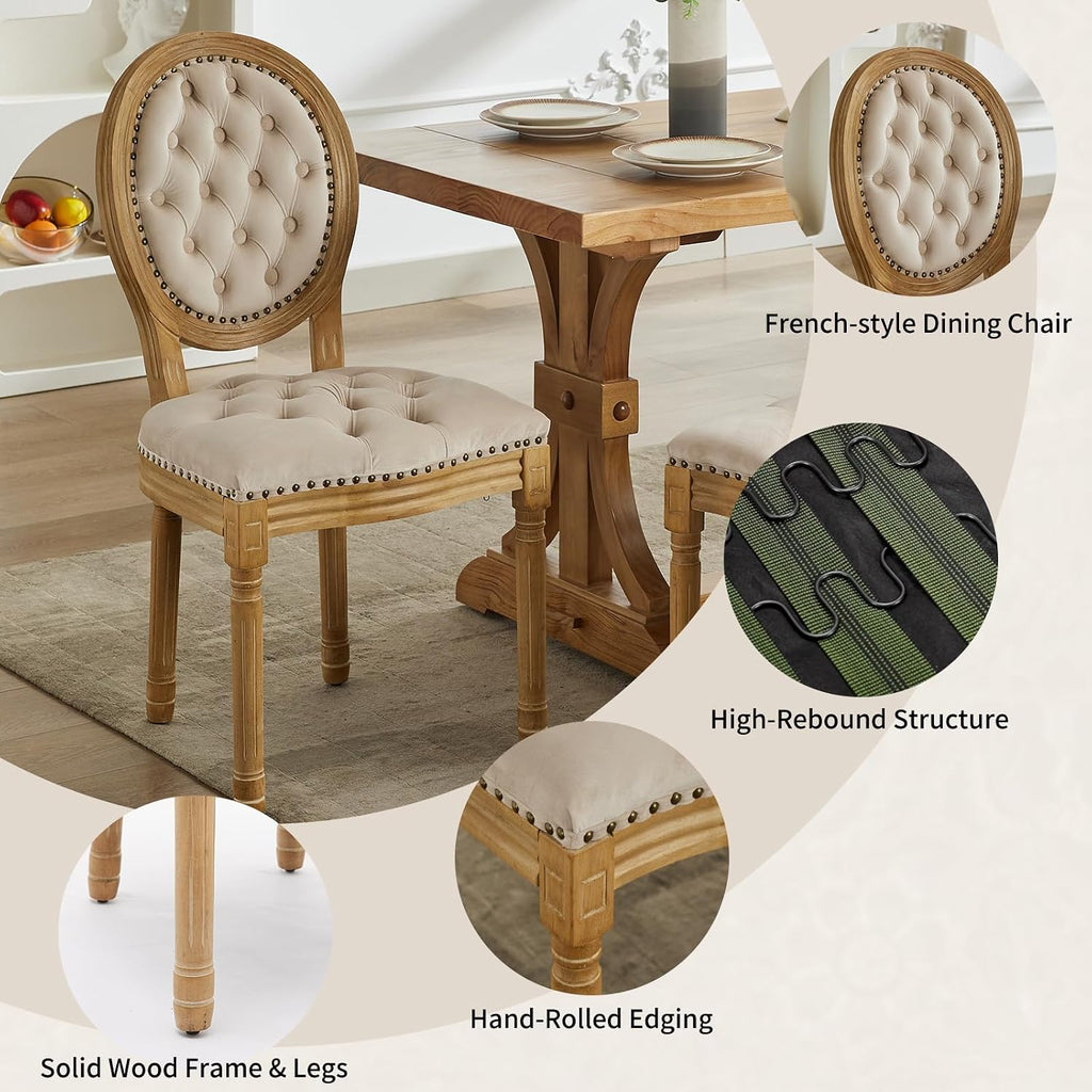 Vintage French Country Dining Chairs Set of 6, Velvet Dining Chair with Solid Wood Legs, Beige Upholstered Dining Chairs, Sillas para Comedor, Kitchen & Dining Room Chair (Beige, 6Pcs)