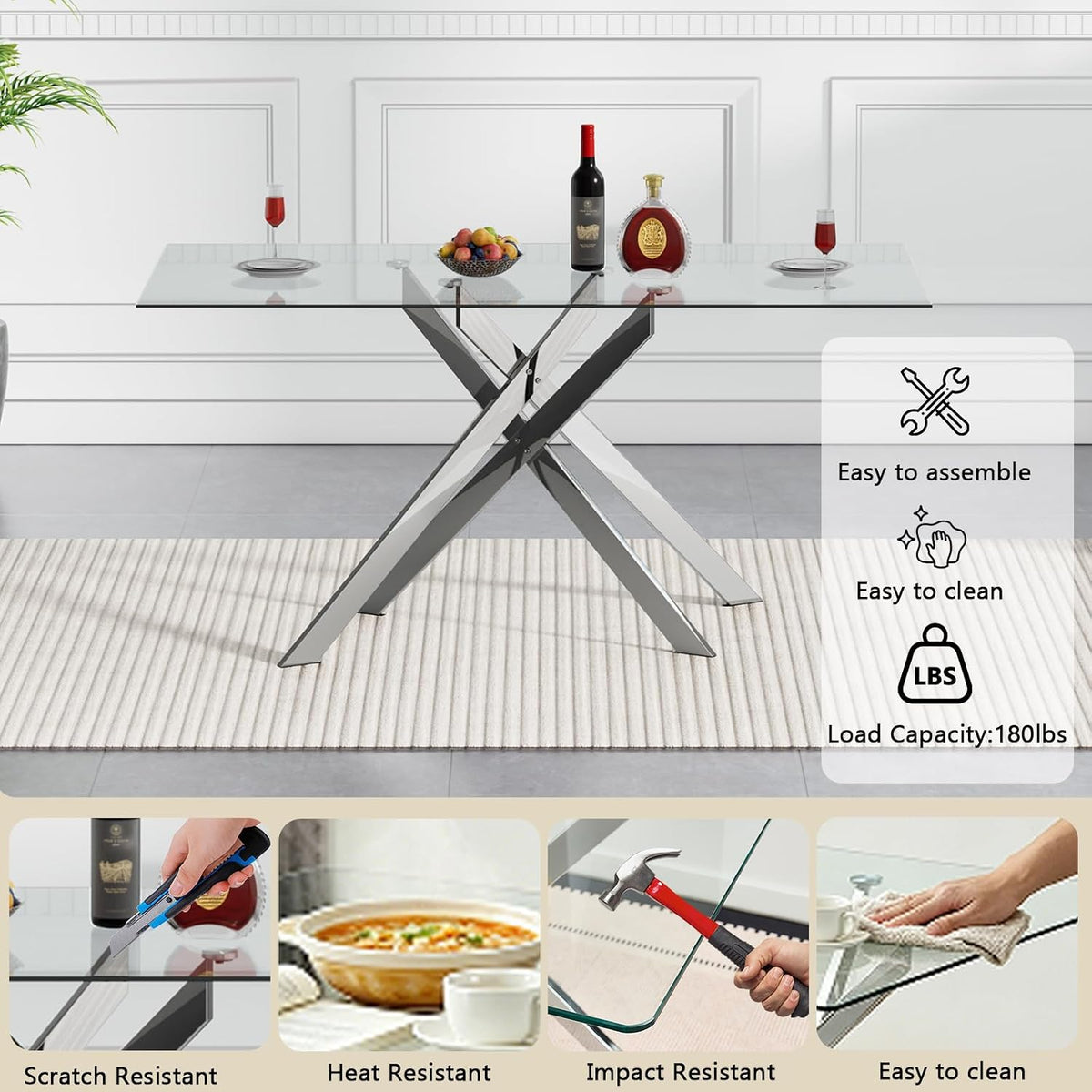 Rectangle Glass Dining Table Set for 4, 60'' Kitchen Table and Chairs Set, 5PCS Modern Dining Room Table Set with 4 Velvet Dining Chair for Home