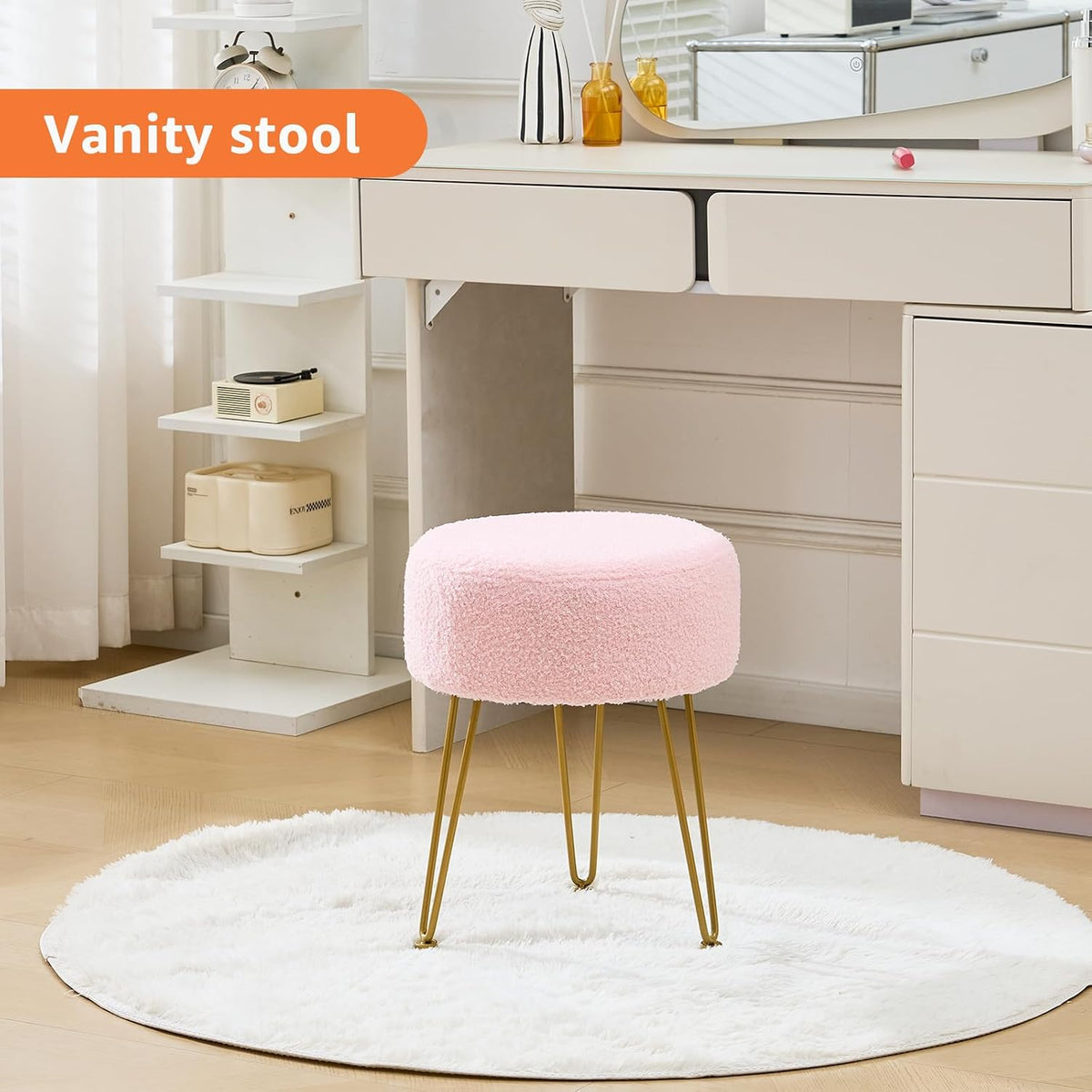 Vanity Stool, Teddy Velvet Ottoman Foot Stool, Dressing Table Seat with Metal Leg Vanity Chair for Bedroom, Living Room, Entryway, Offices