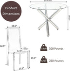 5-Piece Luxury Round Glass Dining Table Set, 39'' Modern Tempered Glass Kitchen Table Set Silver Base & 4 Grey Silver High-End Dining Chairs, Contemporary Circle Dinette Table Set of 4