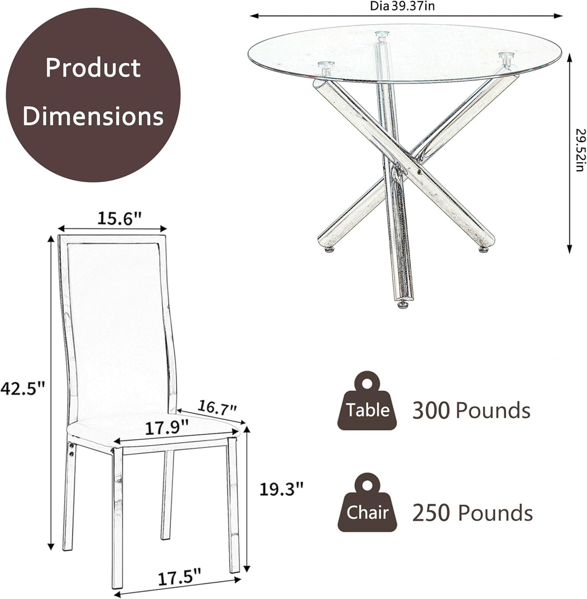 5-Piece Luxury Round Glass Dining Table Set, 39'' Modern Tempered Glass Kitchen Table Set Silver Base & 4 Grey Silver High-End Dining Chairs, Contemporary Circle Dinette Table Set of 4