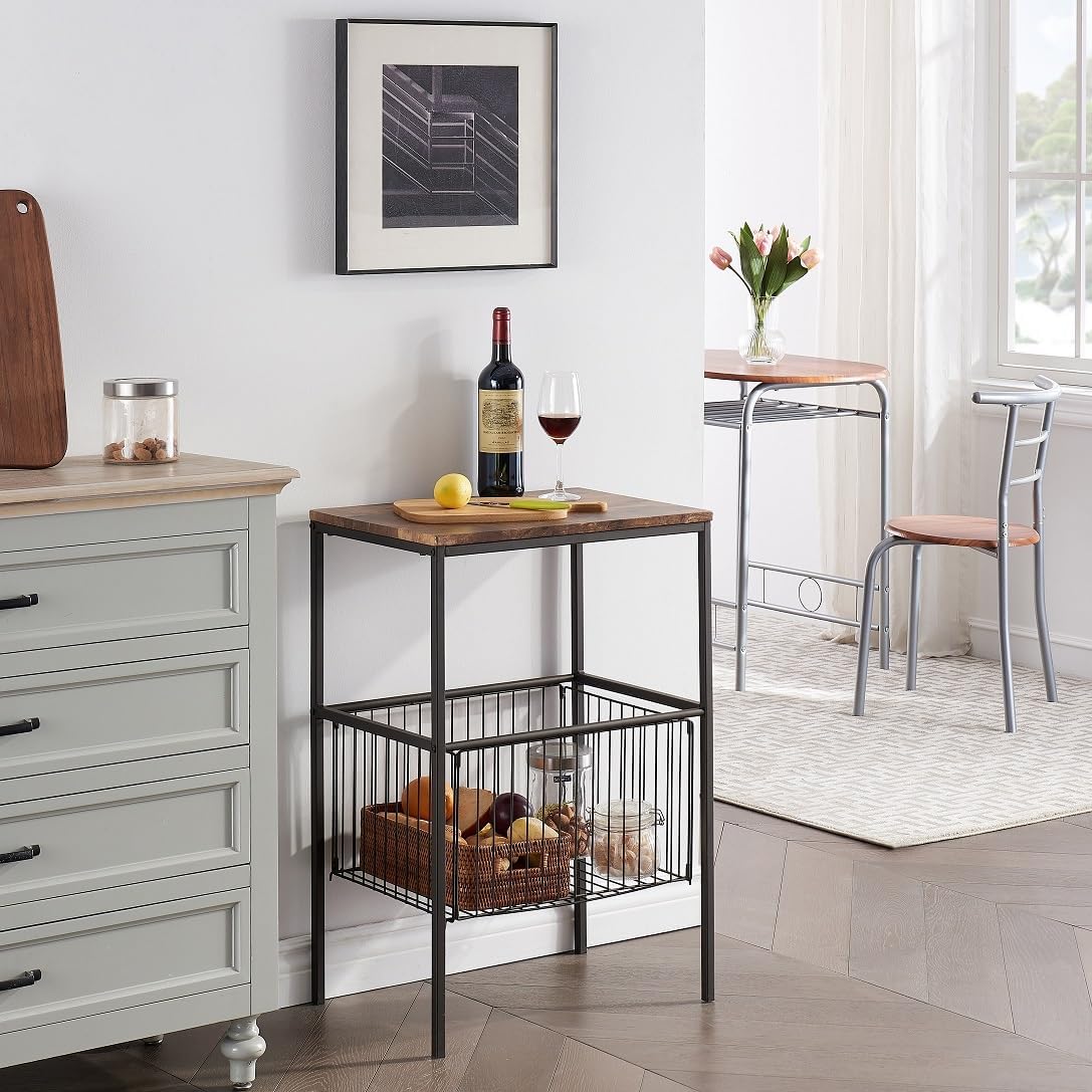 VECELO Tall End Table with Metal Basket,Nightstand with Shelf Storage Organizer, Wood Night Stand with Metal Frame, Waterproof for Bedroom, Living Room, Bathroom