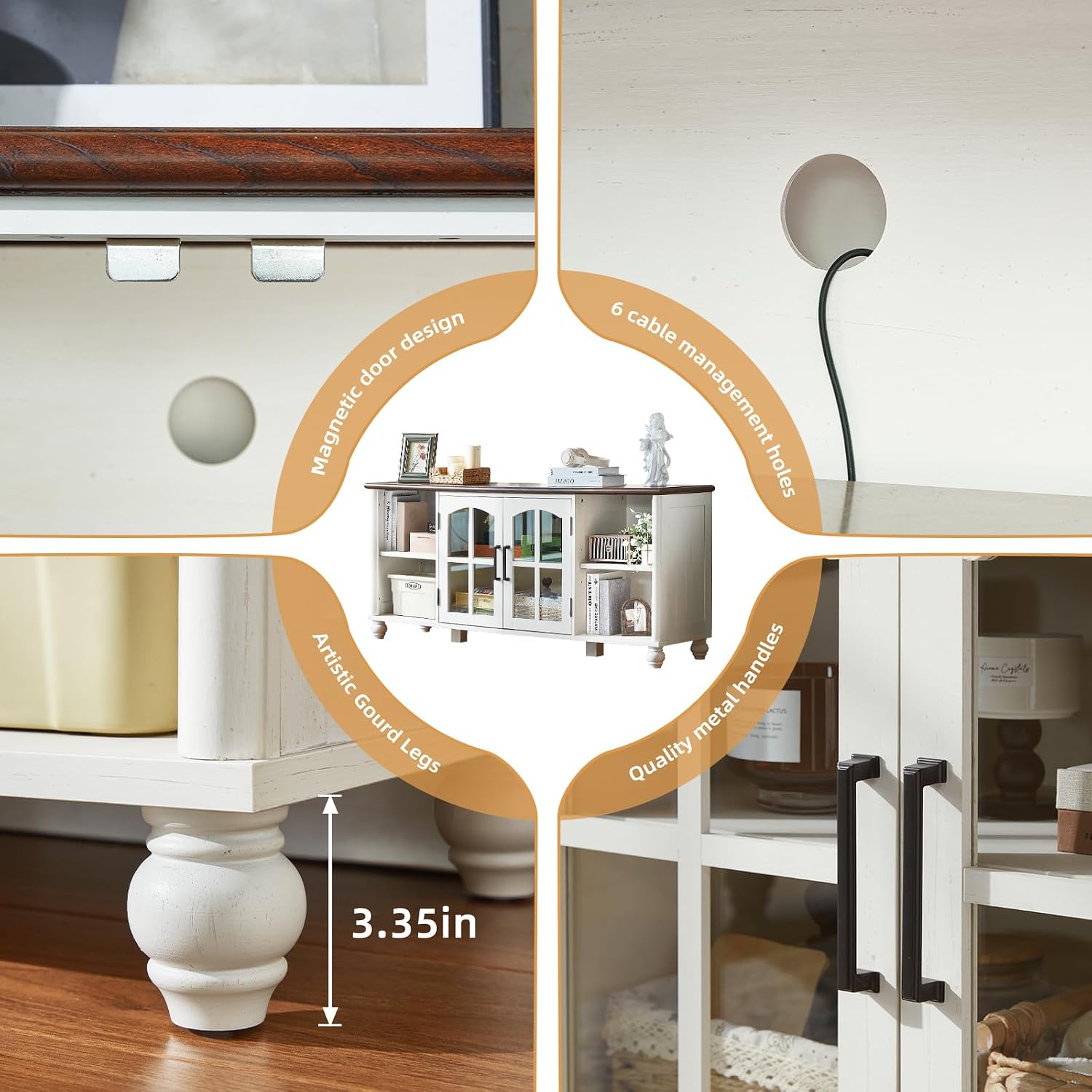 RWYHG Farmhouse TV Stand for 60 in TV, Entertainment Center for Living Room | Adjustable Shelves, Magnetic Glass Door, Sturdy Gourd Base, Wood Grain Top, High Capacity Storage Cabinet, White