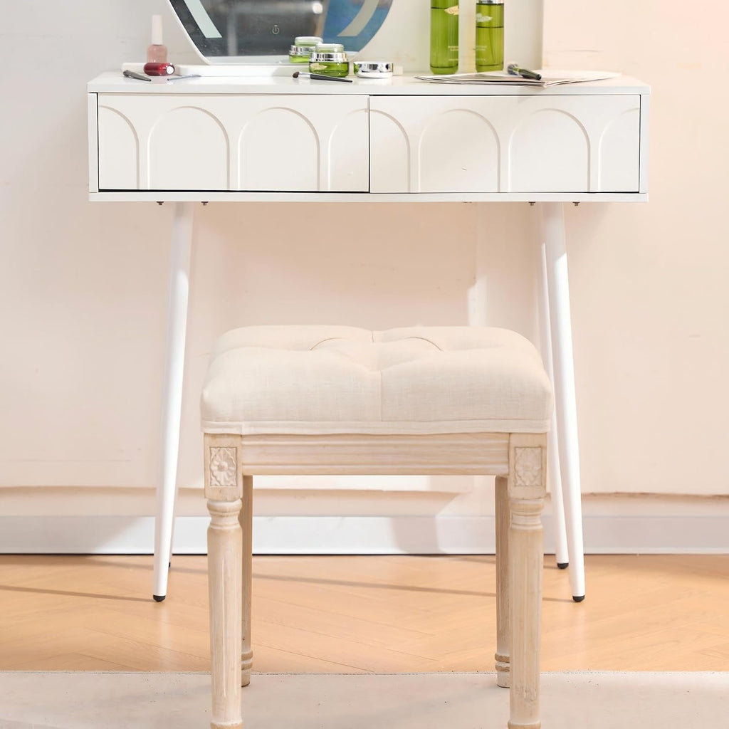 French Style Vanity Stool, Linen Fabric Upholstered Tufted Bathroom Makeup Stool with Brushed Wood Legs, 350lbs Weight Capacity, Foam & Solid Wood Frame, 15.8"x15.8"x17.7" (Beige)