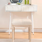 French Style Vanity Stool, Linen Fabric Upholstered Tufted Bathroom Makeup Stool with Brushed Wood Legs, 350lbs Weight Capacity, Foam & Solid Wood Frame, 15.8"x15.8"x17.7" (Beige)