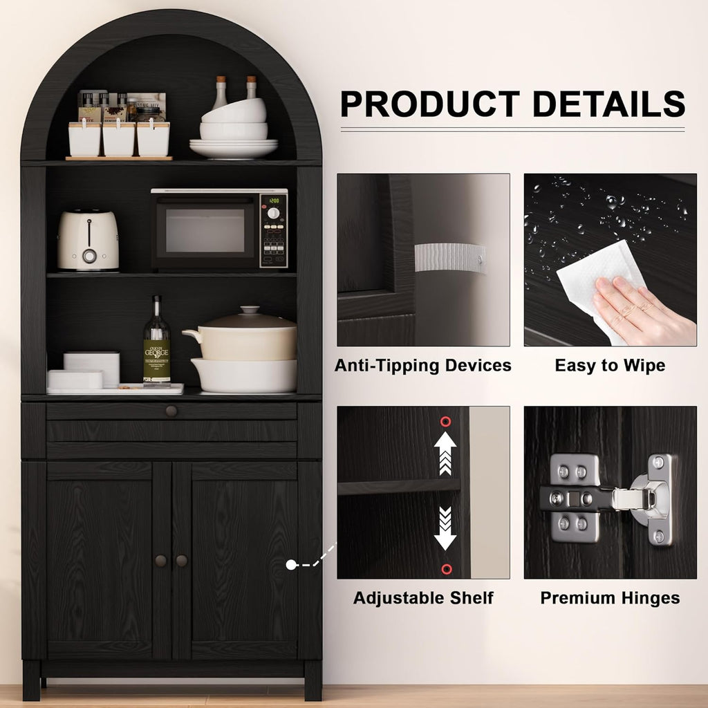 Arched Pantry Cabinet, 71" Kitchen Pantry Cabinet with Smooth Gliding Drawers and Adjustable Shelf, Wood Storage Cabinets Anti-Tipping, Modern Farmhouse for Living Room, Dining Room (Black)