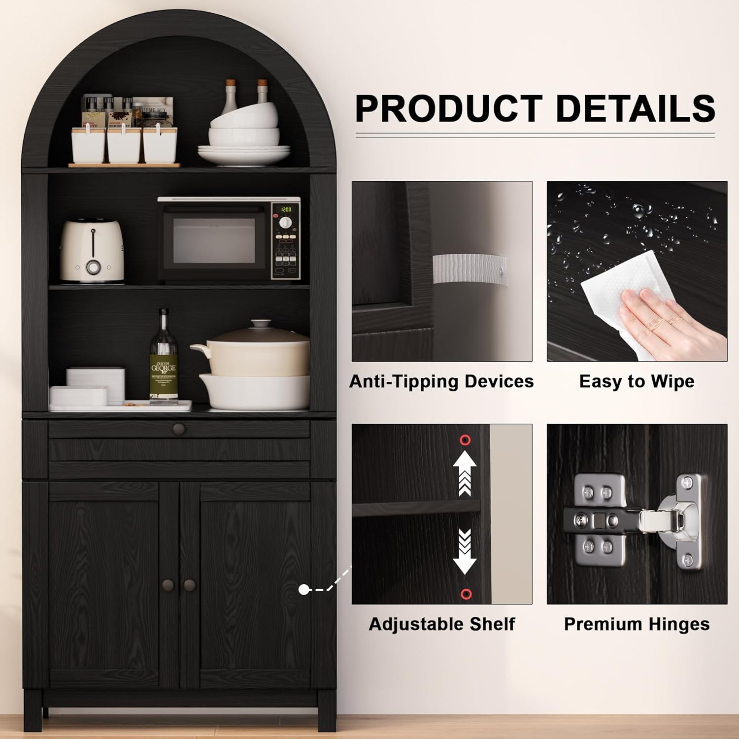 Arched Pantry Cabinet, 71" Kitchen Pantry Cabinet with Smooth Gliding Drawers and Adjustable Shelf, Wood Storage Cabinets Anti-Tipping, Modern Farmhouse for Living Room, Dining Room (Black)