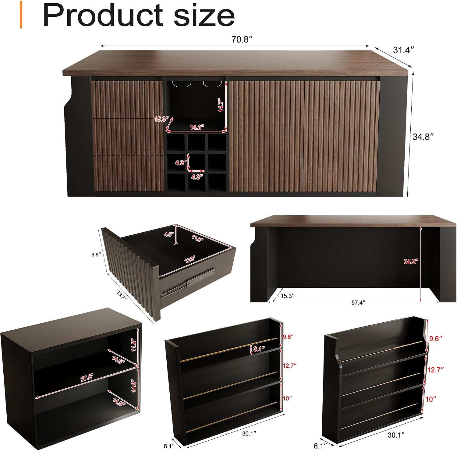 71" Kitchen Island with 3 Drawers, Wine Rack & Side Storage,Walnut | Dual-door cabinet, adjustable shelves. Glass holders & side rack for storage. Durable, wear-resistant top. Fits dining & prep