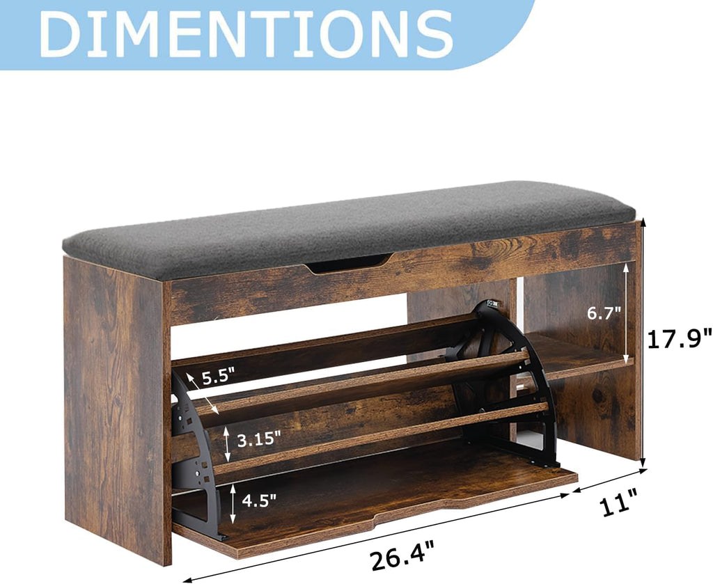Shoe Storage Bench with Flip Drawers & Lift Top Storage Box, Entryway Bench with Seat Cushion, 3-Tier Short Shoe Cabinet with Adjustable Shelves for Entryway, Hallway, Living Room, Mudroom, Brown