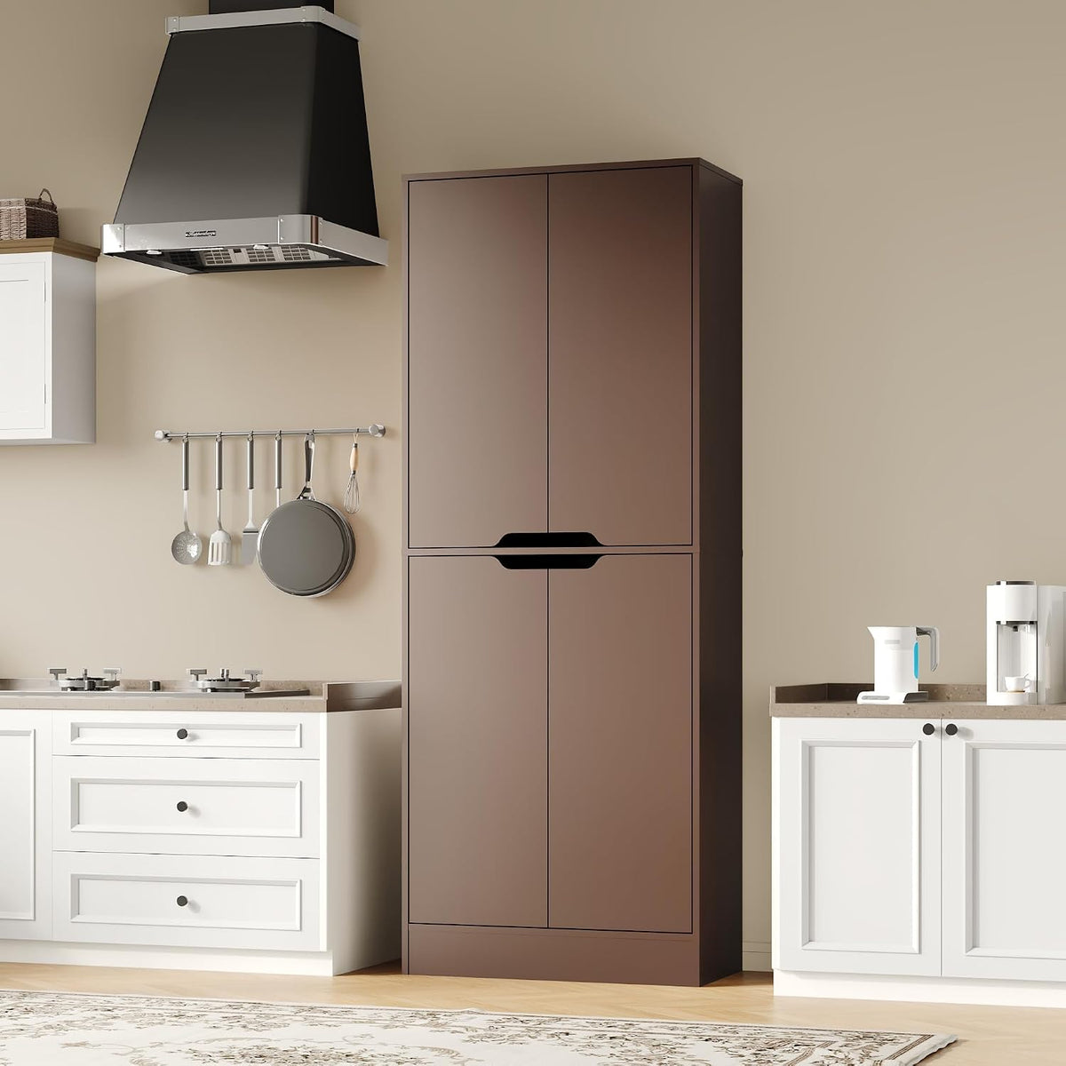 Housoul 71" Tall Kitchen Pantry Cabinet with 4 Doors, Walnut | Pantry Storage Cabinet with Adjustable Shelves, Freestanding Kitchen Pantry Cabinet, Cupboard Larder Cabinet for Dining Room