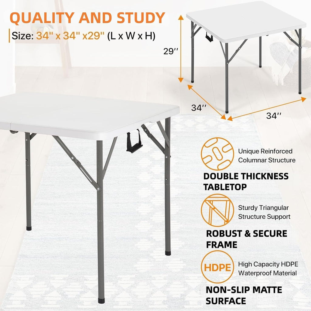 34" Square Folding Table Fold-in-Half Utility Dining Portable Table Heavy Duty HDPE with Carrying Handle, Plastic Tables for Camping,Picnic, Office, Party,Card Table (White)