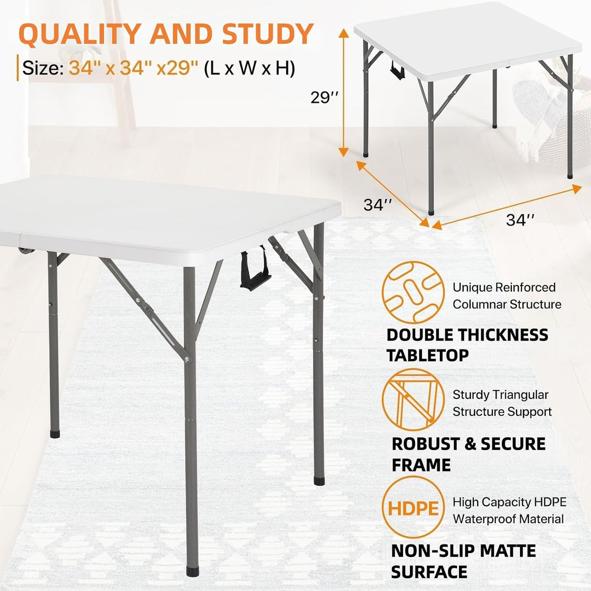 34" Square Folding Table Fold-in-Half Utility Dining Portable Table Heavy Duty HDPE with Carrying Handle, Plastic Tables for Camping,Picnic, Office, Party,Card Table (White)