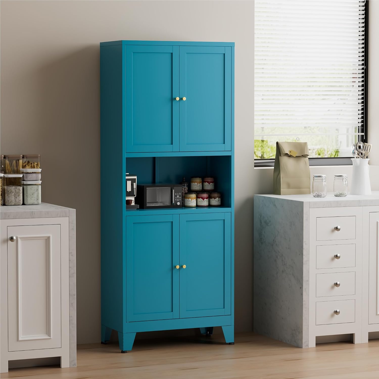 COFaR 69" Tall Modern Kitchen Pantry,Metal Storage Cabinet with Adjustable Shelves,Pantry Cabinet with 6-Tier,Freestanding Cupboard for Kitchen,Dining Room,Living Room,Bathroom,Blue