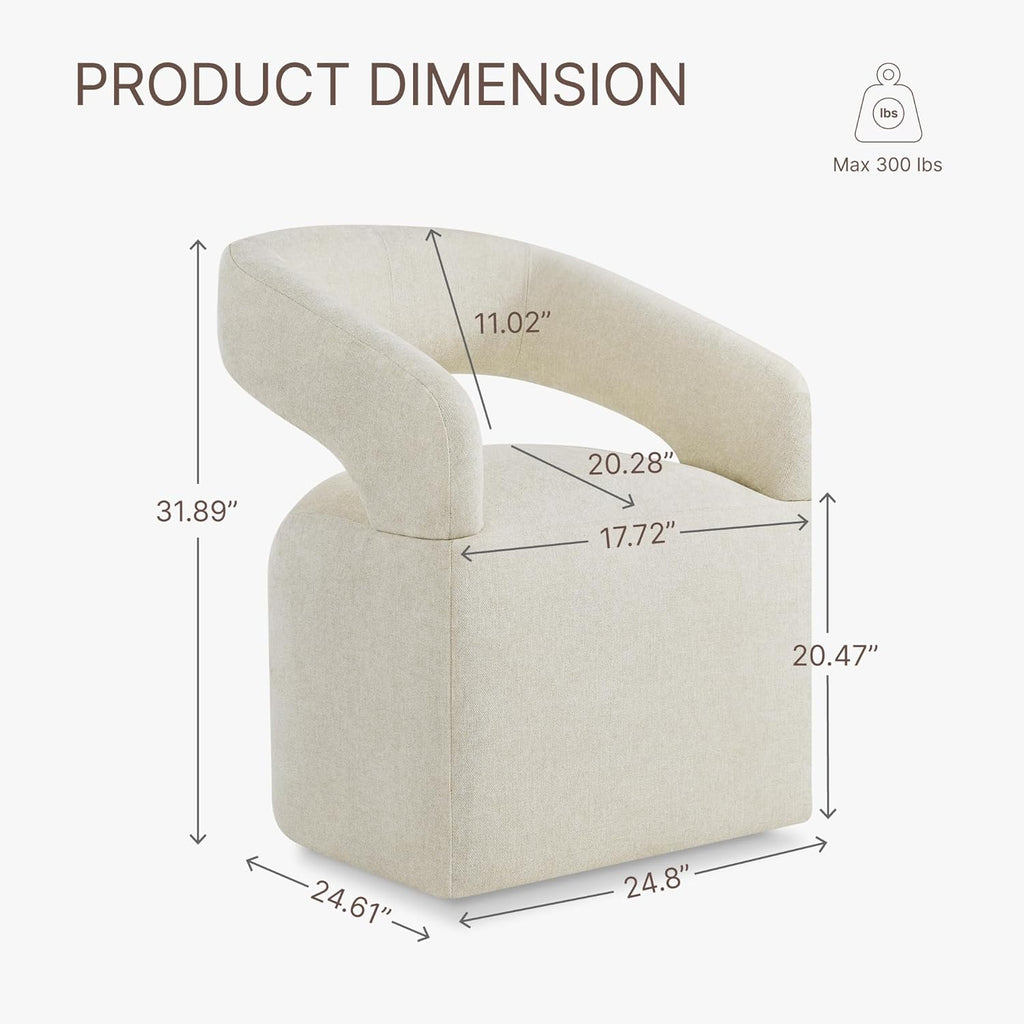 KISLOT Upholstered Dining Chairs Set of 1, Modern Arm Kitchen & Dining Room Chairs with Hidden Casters, Linen Fabric Padded Rolling Chairs, Sturdy Wood Frame, 300 lbs Capacity, Cream Beige